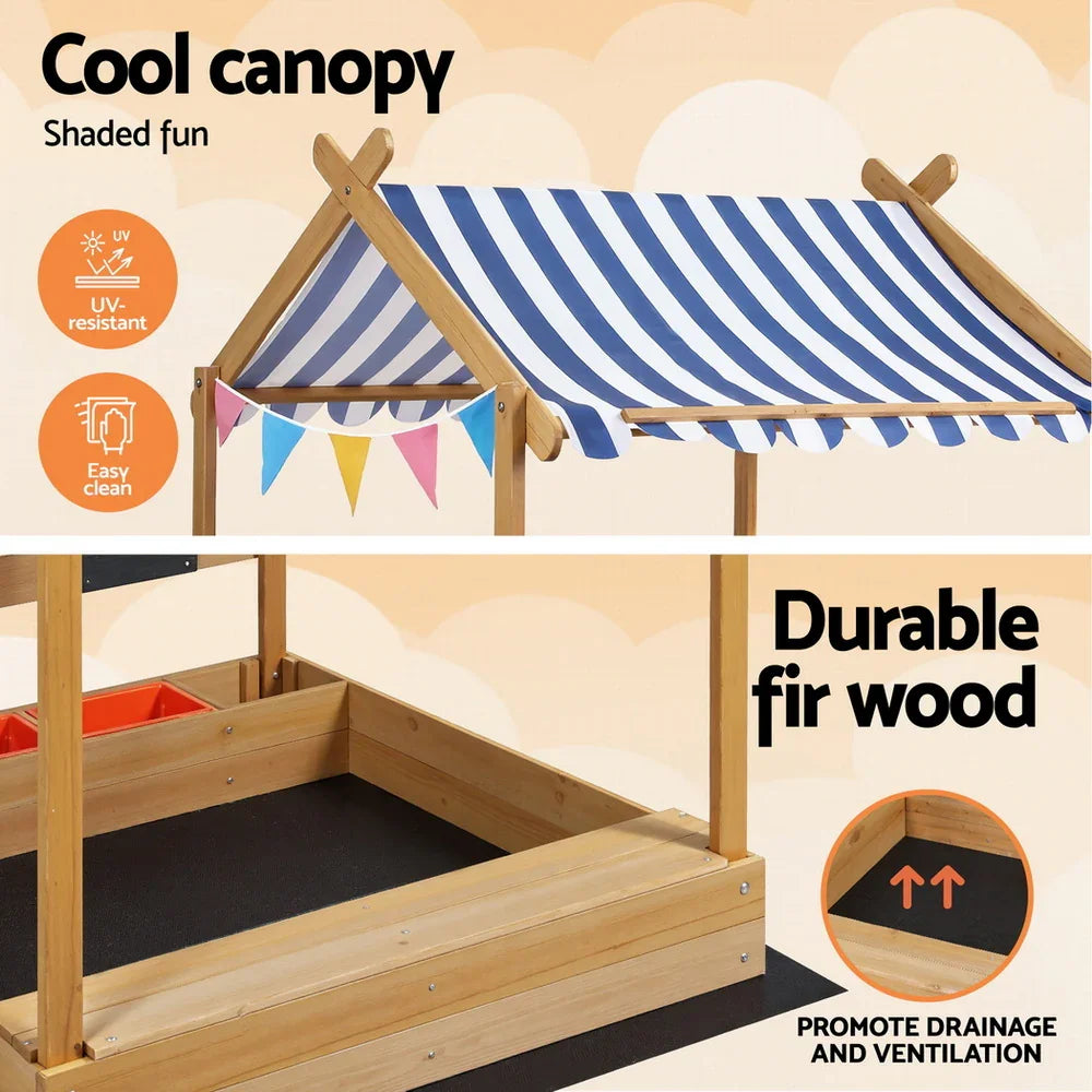 Kids Sandpit Wooden Sandbox Sand Pit with Canopy Water Basin Toys 146cm