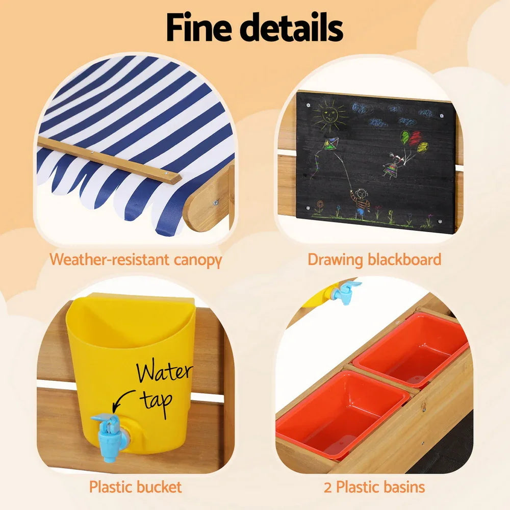Kids Sandpit Wooden Sandbox Sand Pit with Canopy Water Basin Toys 146cm