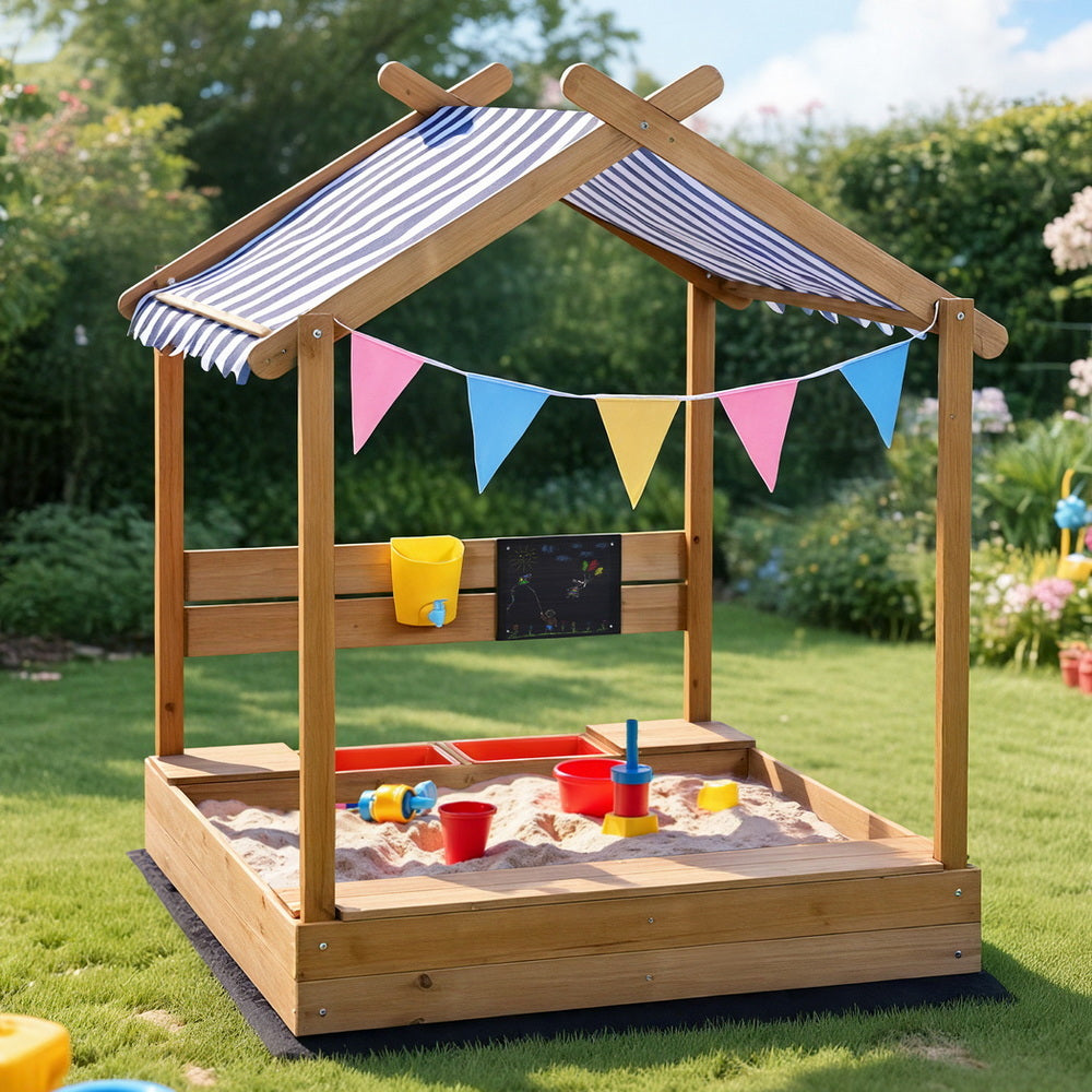 Kids Sandpit Wooden Sandbox Sand Pit with Canopy Water Basin Toys 146cm