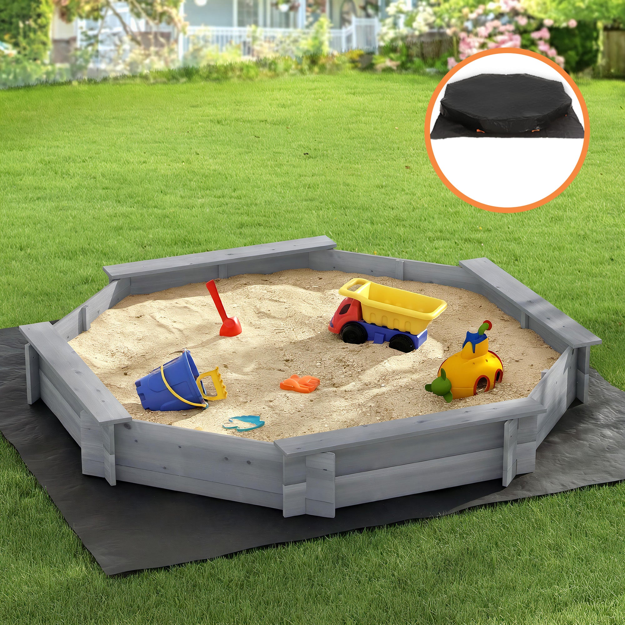 Kids Sandpit Wooden Round Sand Pit with Cover Bench Seat Beach Toys 182cm Grey