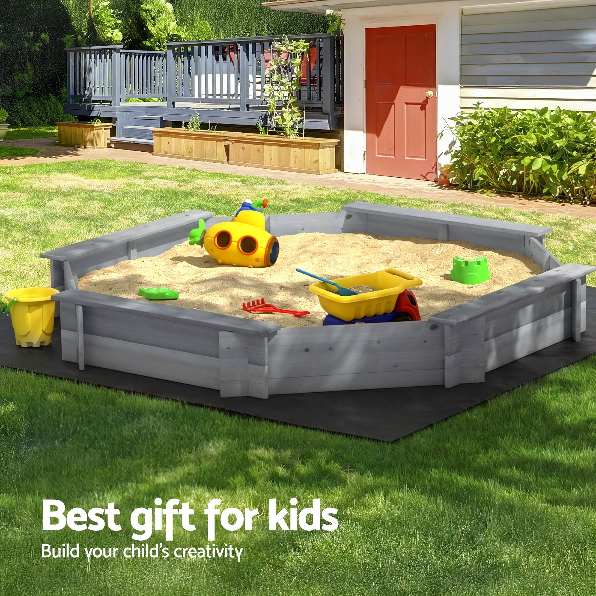 Kids Sandpit Wooden Round Sand Pit with Cover Bench Seat Beach Toys 182cm Grey
