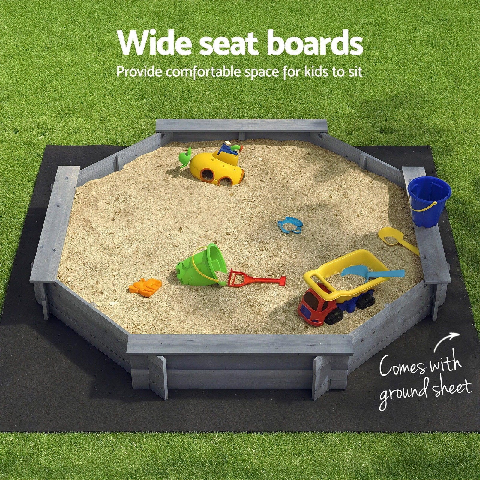 Kids Sandpit Wooden Round Sand Pit with Cover Bench Seat Beach Toys 182cm Grey