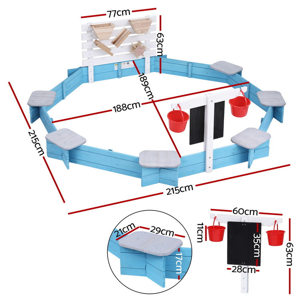 Kids Sandpit Wooden Round Sand Pit with Cover Funnel Bench Seat Beach Toys 215cm