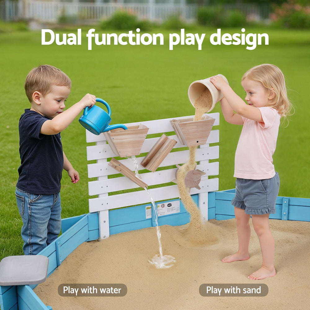 Kids Sandpit Wooden Round Sand Pit with Cover Funnel Bench Seat Beach Toys 215cm