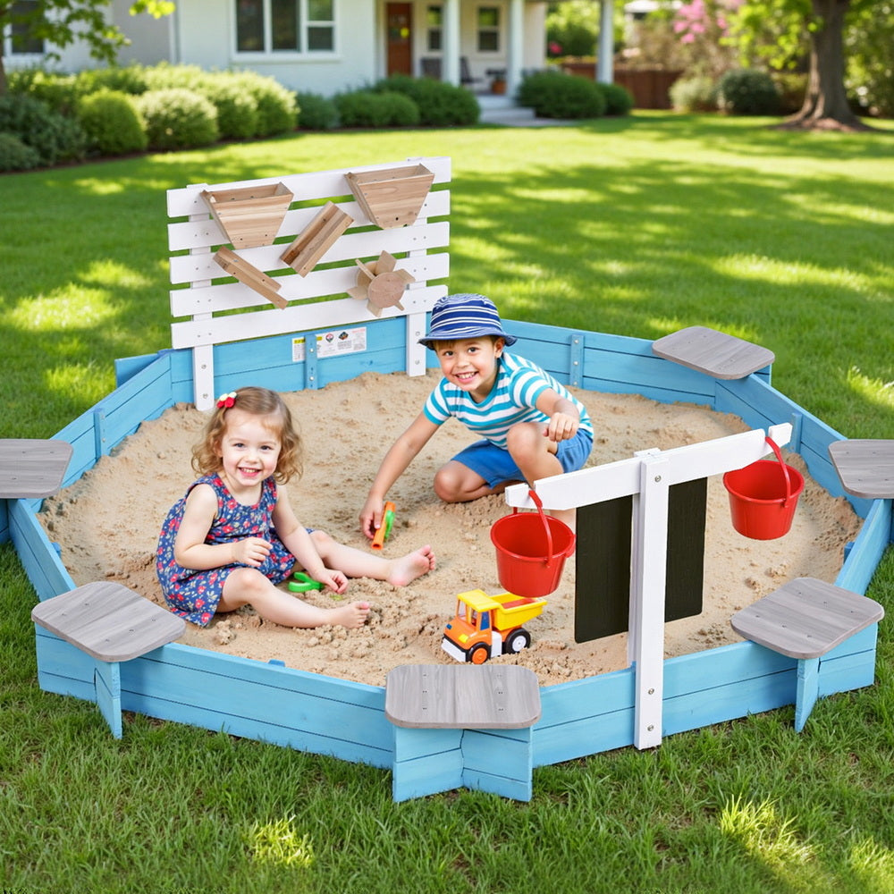 Kids Sandpit Wooden Round Sand Pit with Cover Funnel Bench Seat Beach Toys 215cm
