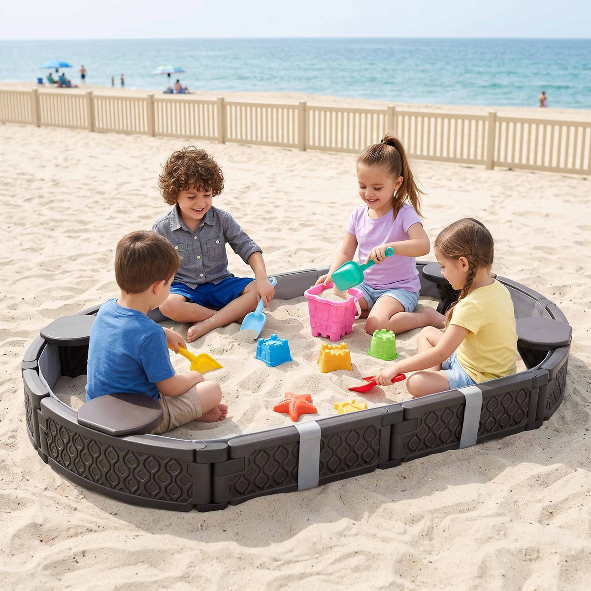 Keezi Kids Oval Sandpit 180cm Outdoor Sandbox with 4 Seats & Grey Cover Brown