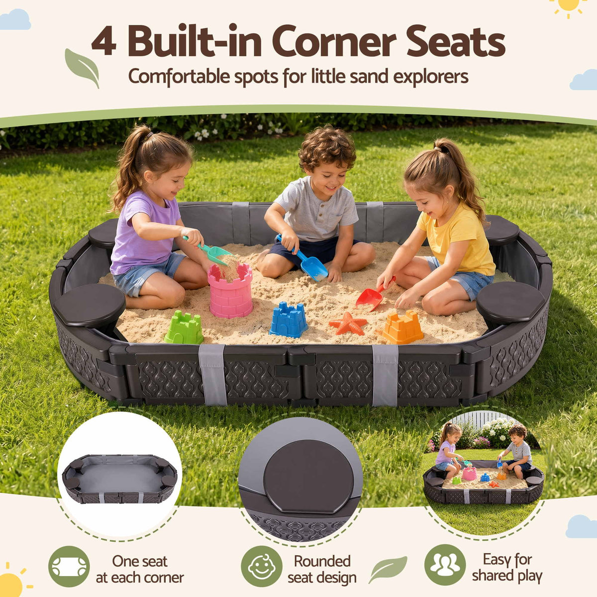 Keezi Kids Oval Sandpit 180cm Outdoor Sandbox with 4 Seats & Grey Cover Brown