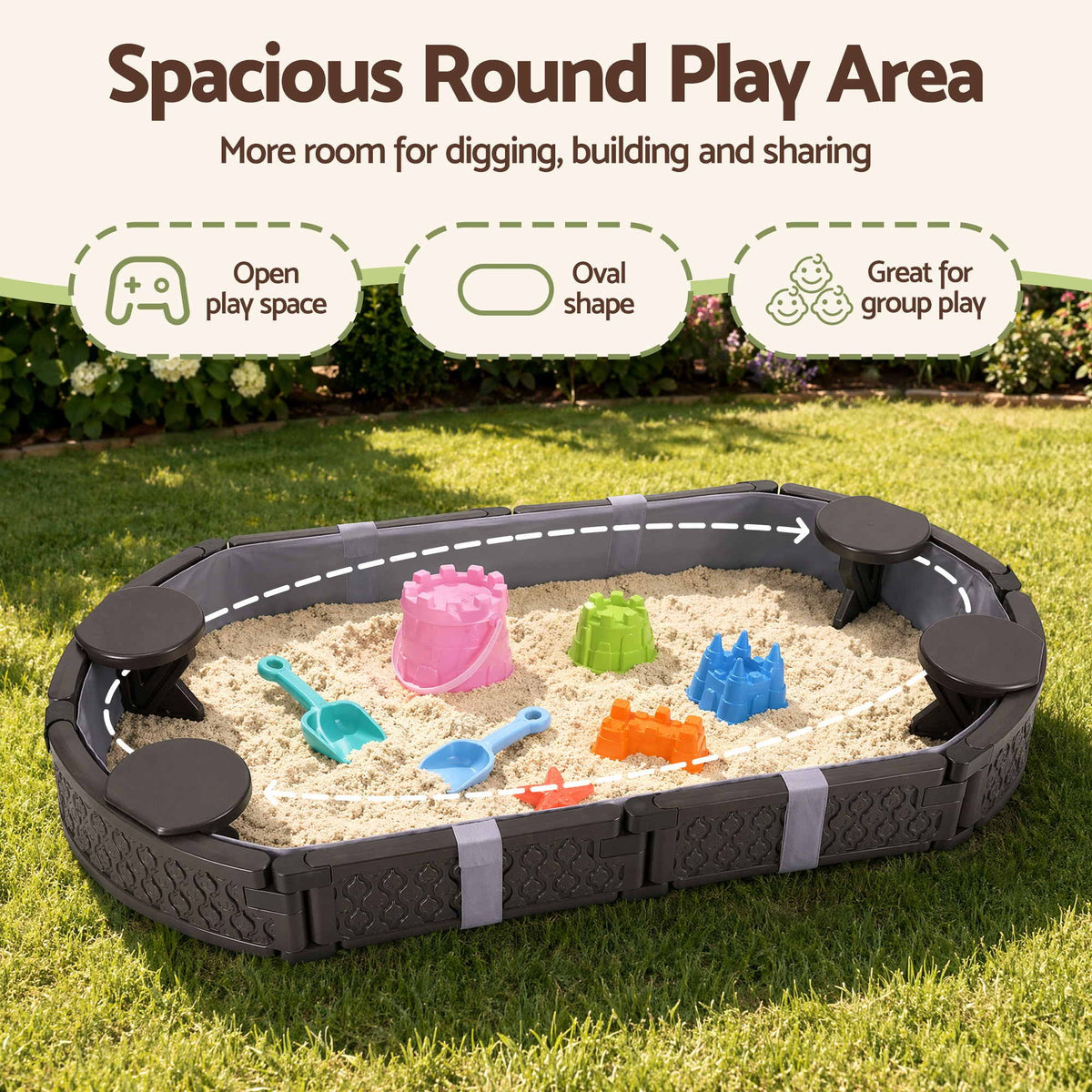 Keezi Kids Oval Sandpit 180cm Outdoor Sandbox with 4 Seats & Grey Cover Brown