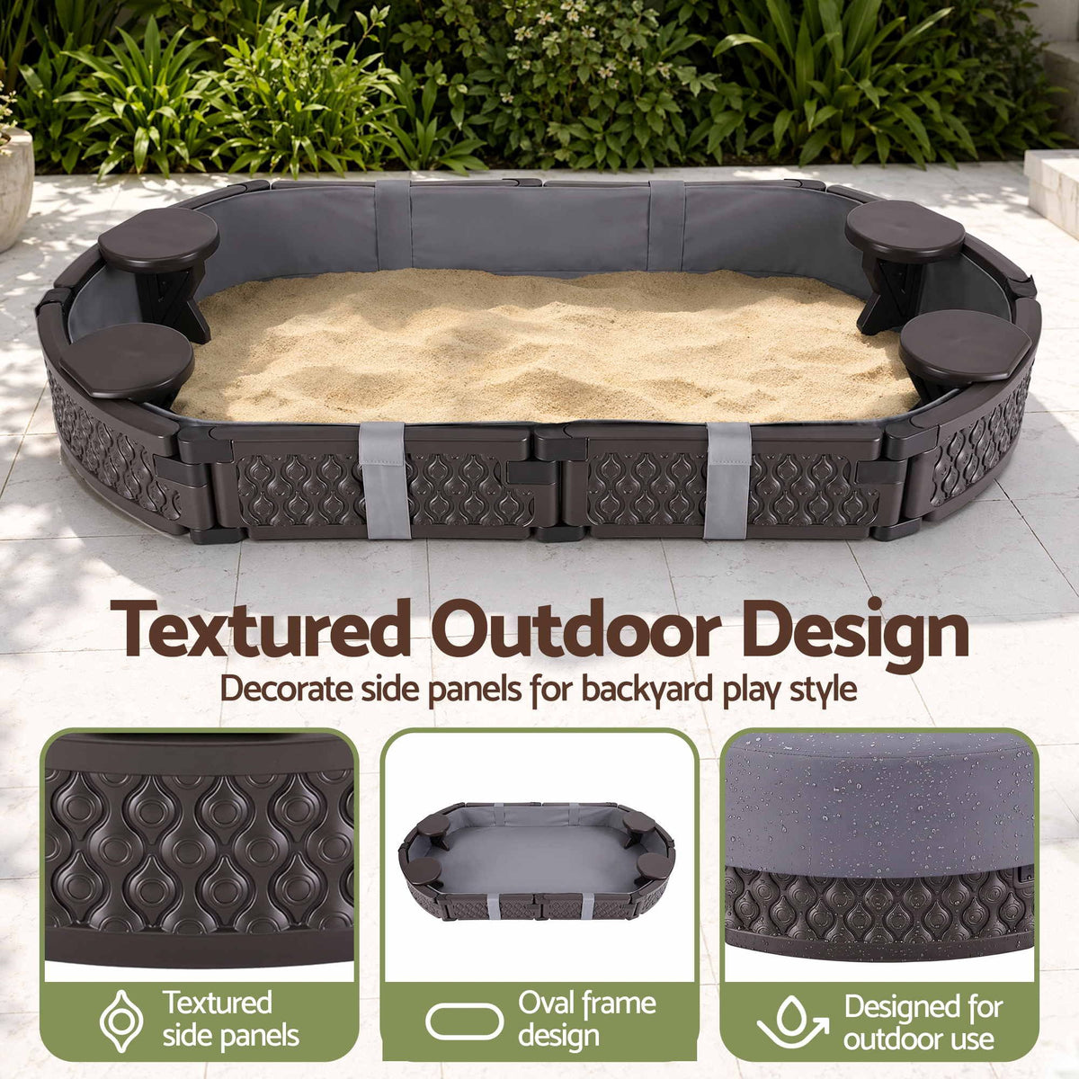 Keezi Kids Oval Sandpit 180cm Outdoor Sandbox with 4 Seats & Grey Cover Brown