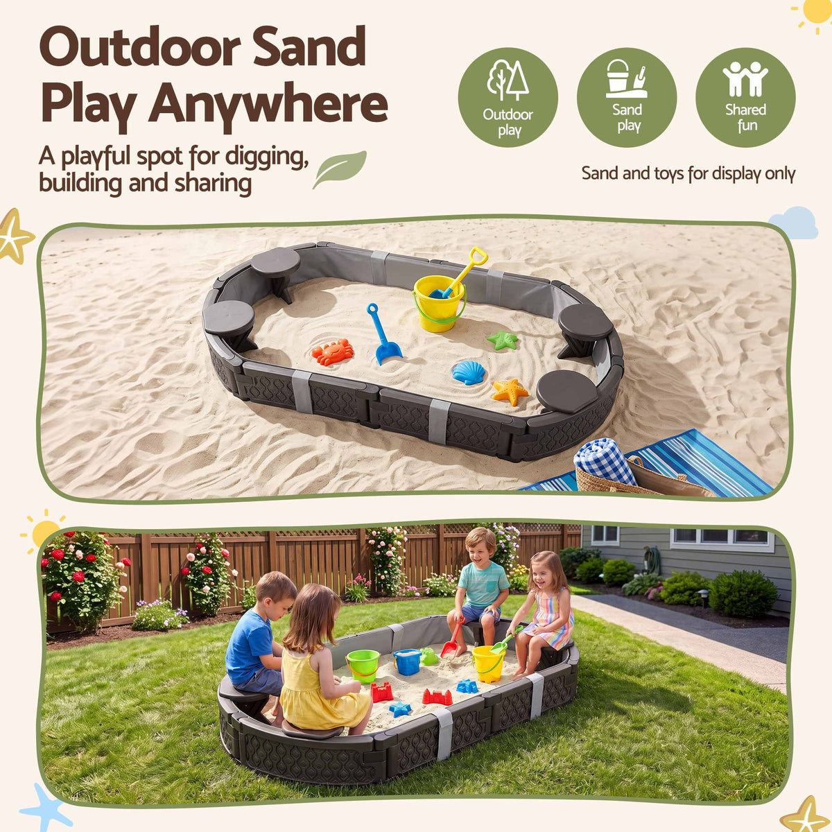 Keezi Kids Oval Sandpit 180cm Outdoor Sandbox with 4 Seats & Grey Cover Brown