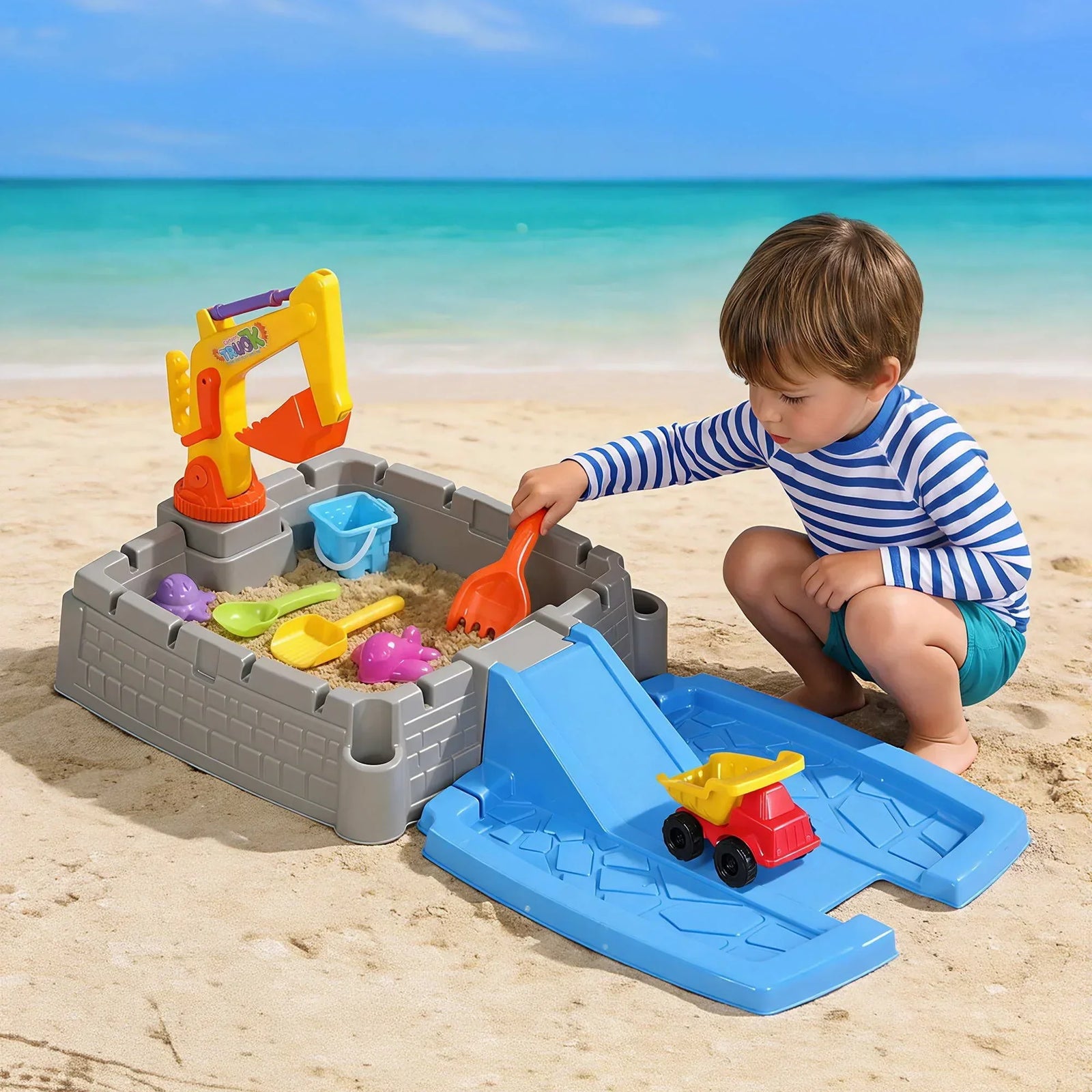 Kids 2‑in‑1 Sandpit Play Table – Excavator Toy, 8 Accessories, Indoor/Outdoor