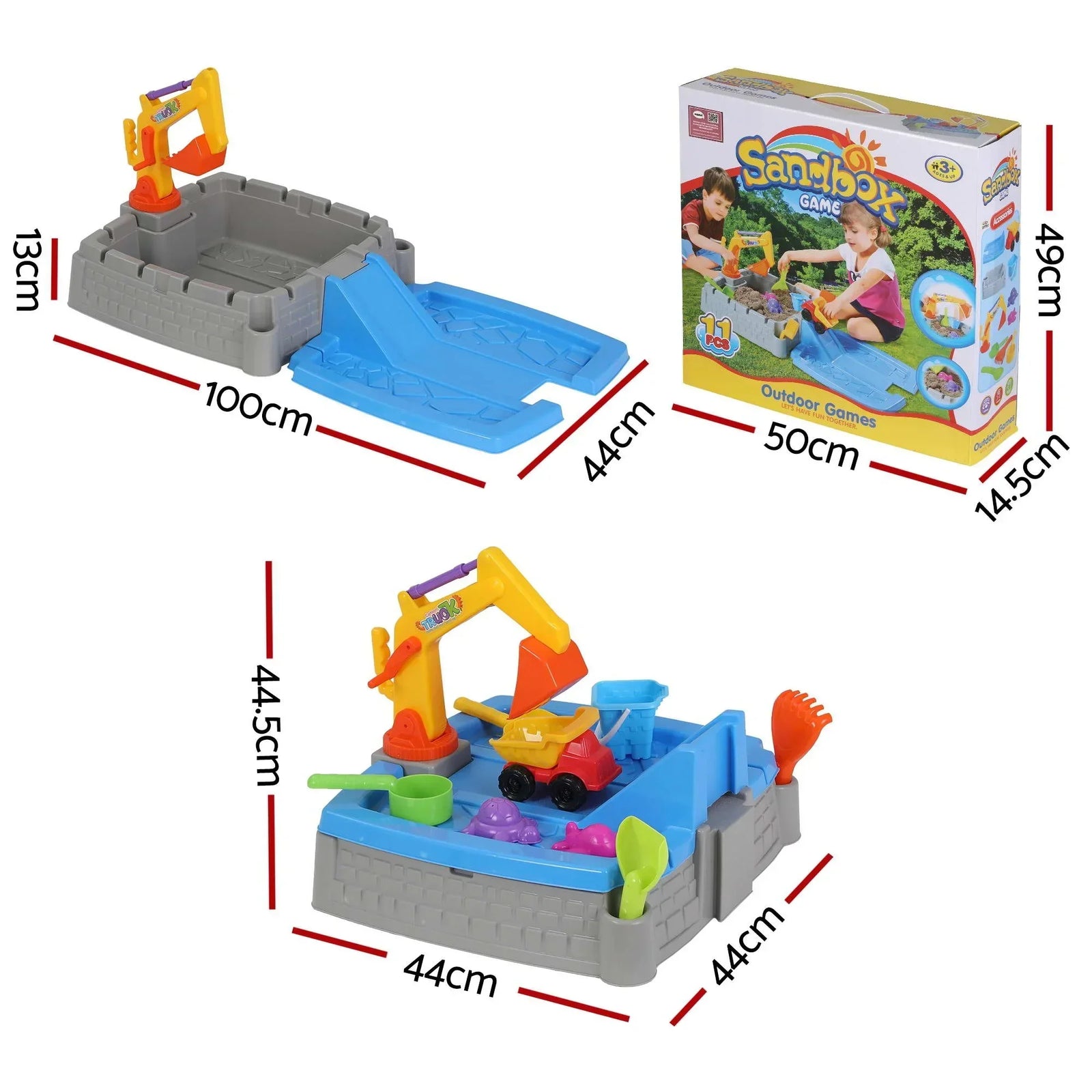 Kids 2‑in‑1 Sandpit Play Table – Excavator Toy, 8 Accessories, Indoor/Outdoor