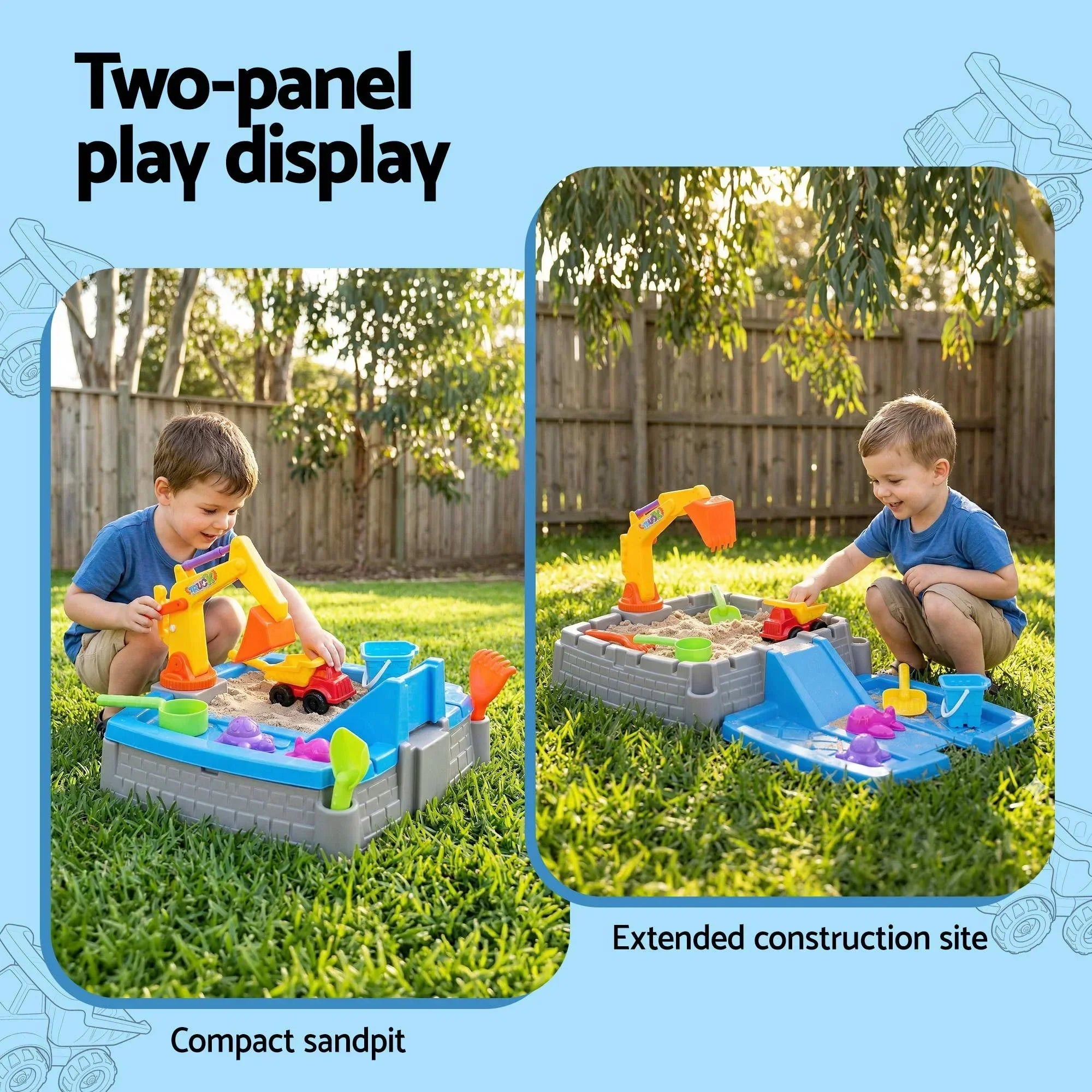 Kids 2‑in‑1 Sandpit Play Table – Excavator Toy, 8 Accessories, Indoor/Outdoor