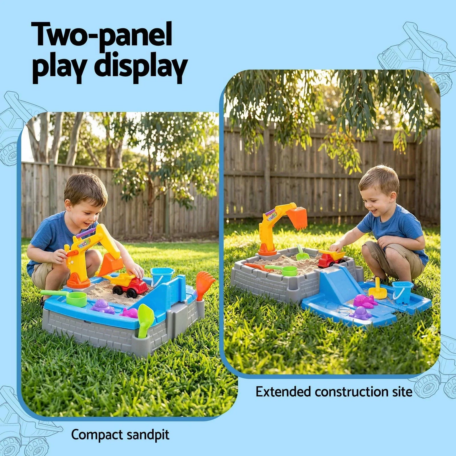 Kids 2‑in‑1 Sandpit Play Table – Excavator Toy, 8 Accessories, Indoor/Outdoor