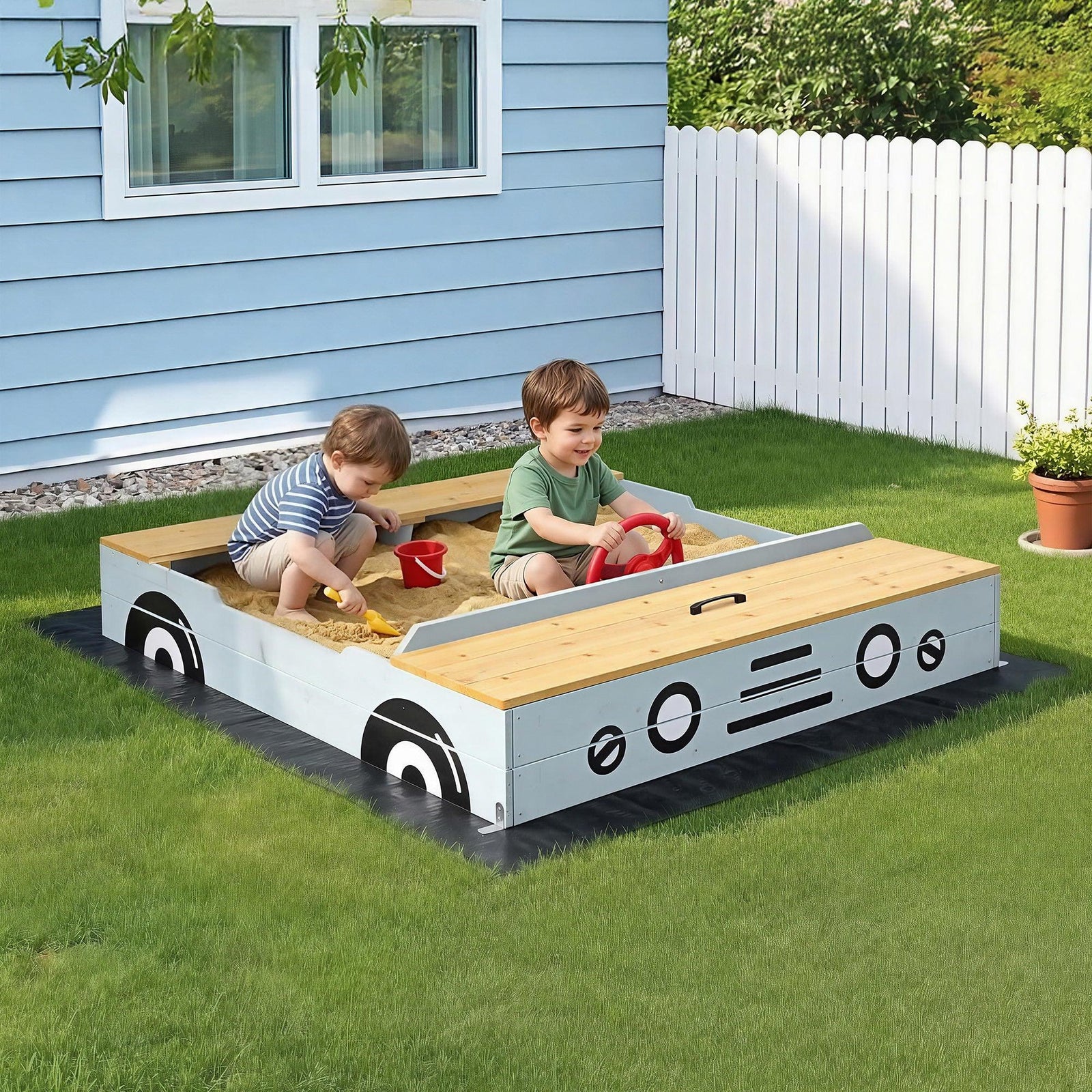 Wooden Car Sandpit Kids Sandbox Outdoor Play Toy w/ Storage Ground Sheet 120cm