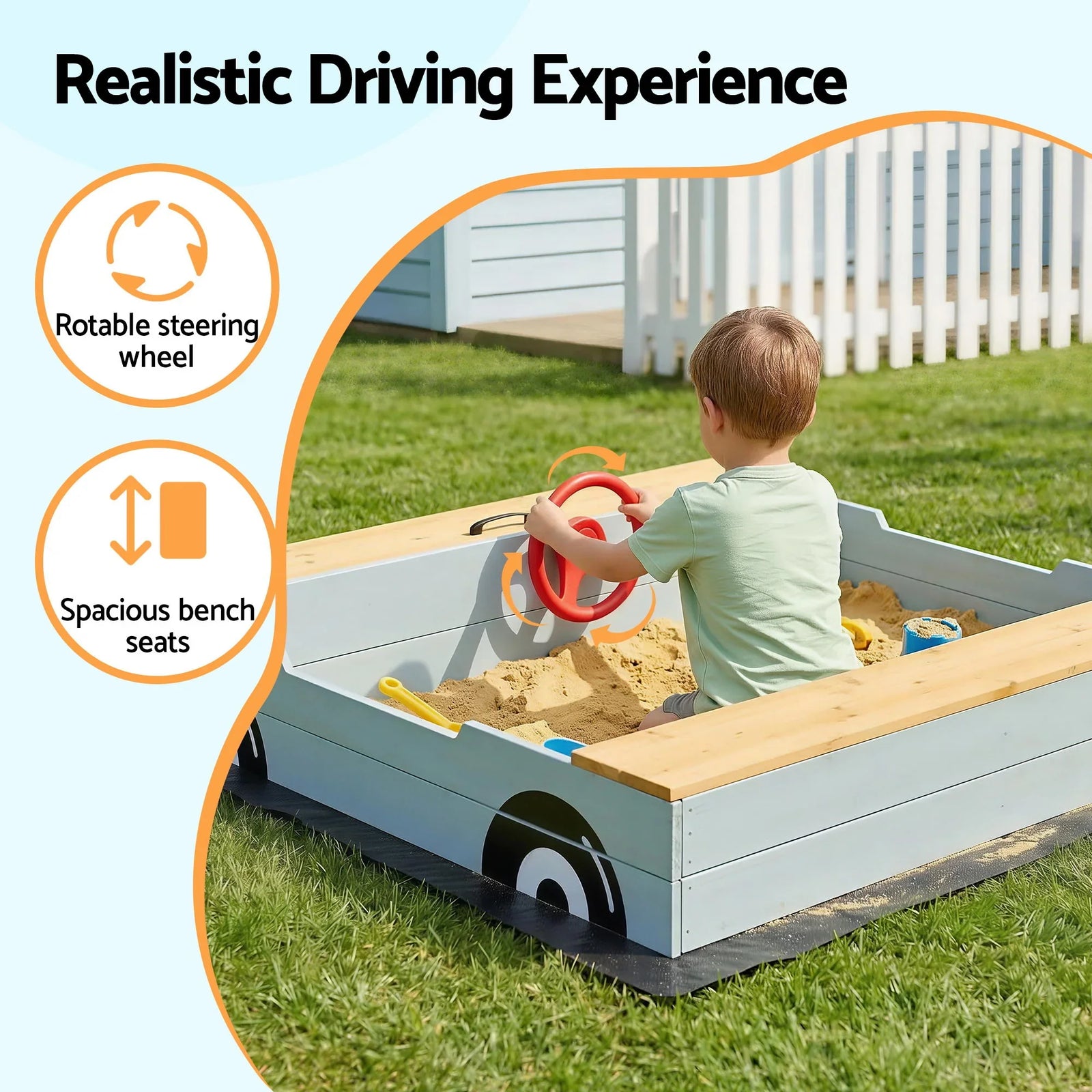 Wooden Car Sandpit Kids Sandbox Outdoor Play Toy w/ Storage Ground Sheet 120cm