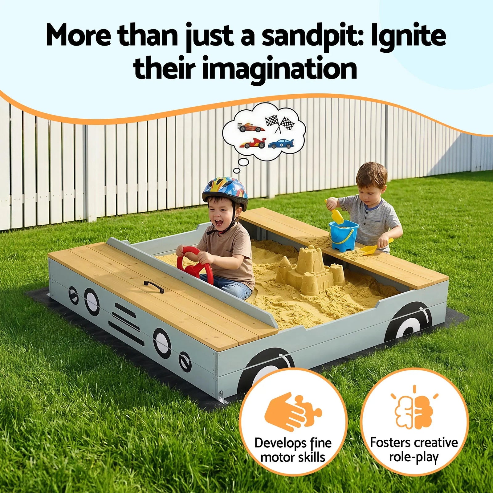 Wooden Car Sandpit Kids Sandbox Outdoor Play Toy w/ Storage Ground Sheet 120cm