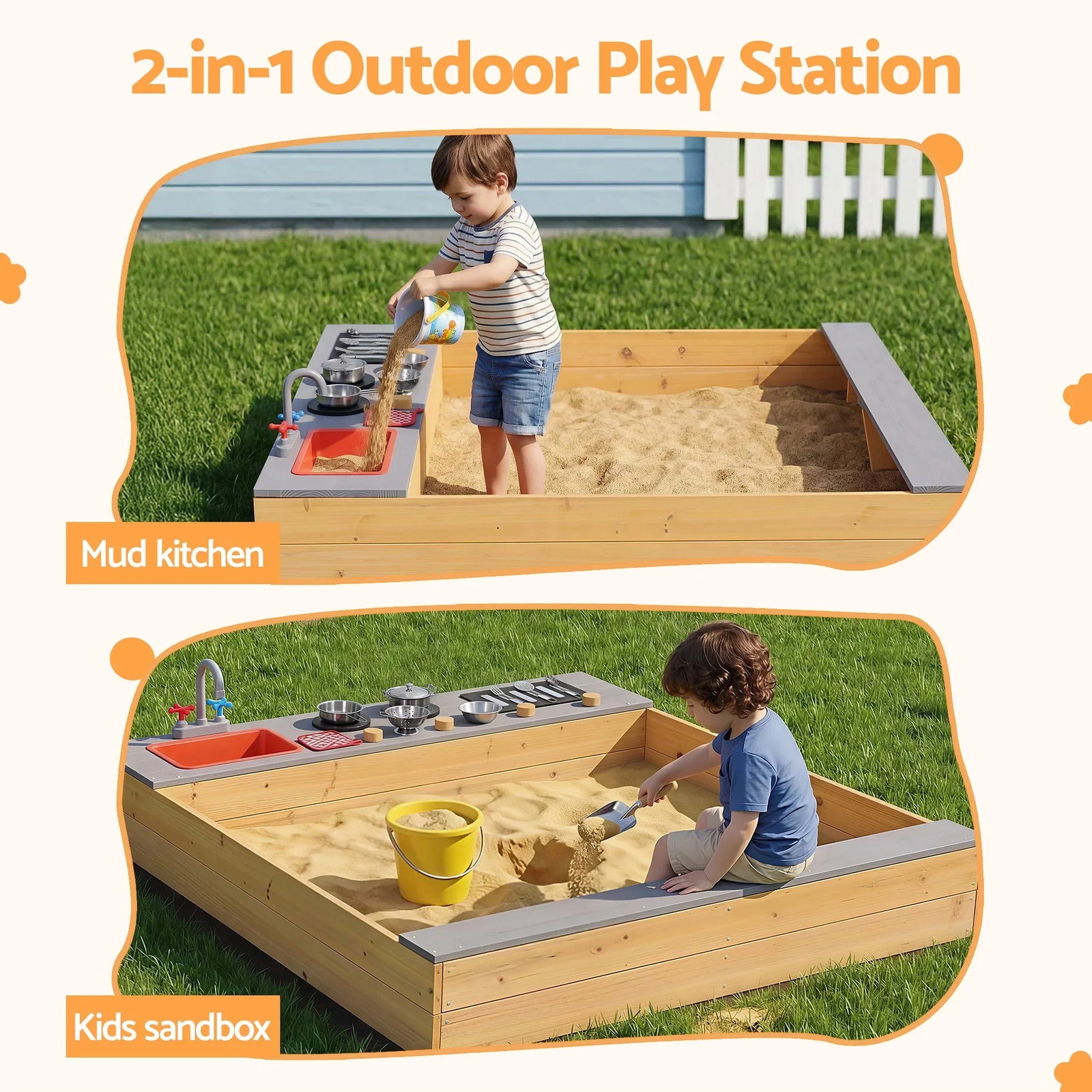 Wooden Sandpit Sand Pit Outdoor Kids Toy Box Mud Kitchen Sink Storage Bench