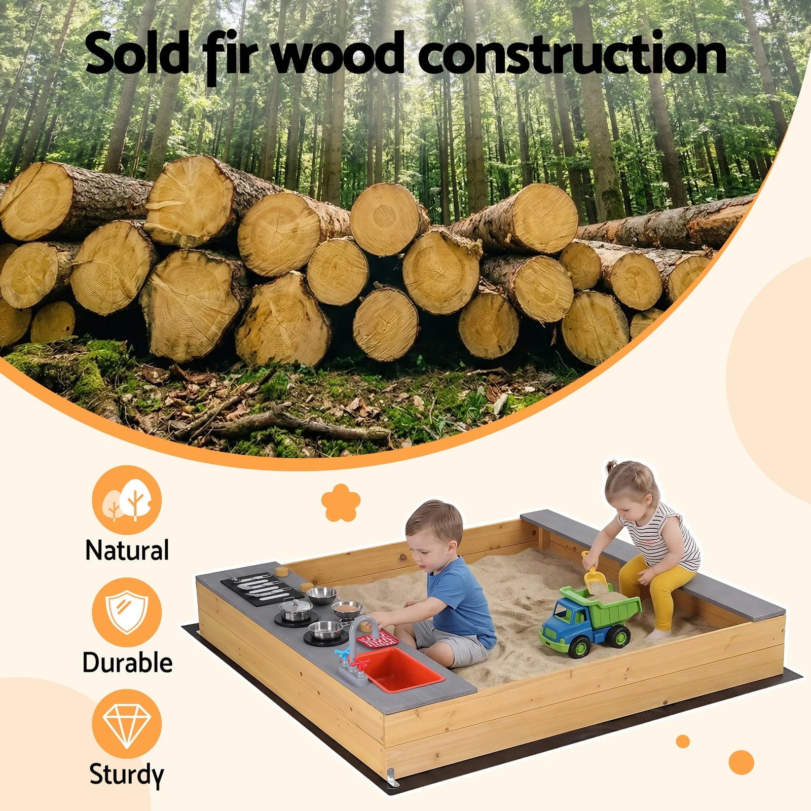 Wooden Sandpit Sand Pit Outdoor Kids Toy Box Mud Kitchen Sink Storage Bench