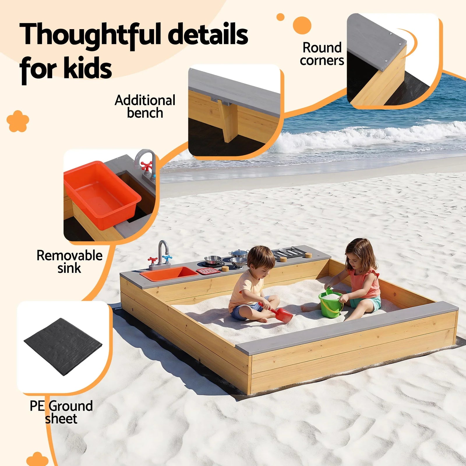 Wooden Sandpit Sand Pit Outdoor Kids Toy Box Mud Kitchen Sink Storage Bench