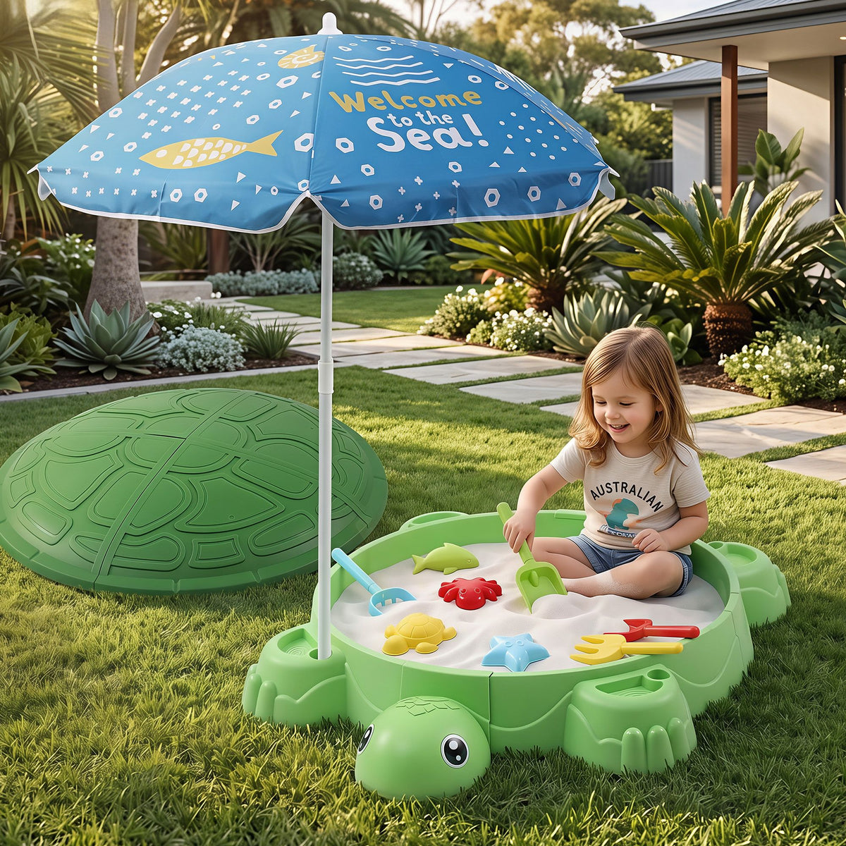 Kids Sandpit Turtle Sandbox Toys with Umbrella Lid Green 8 Accessories 3+