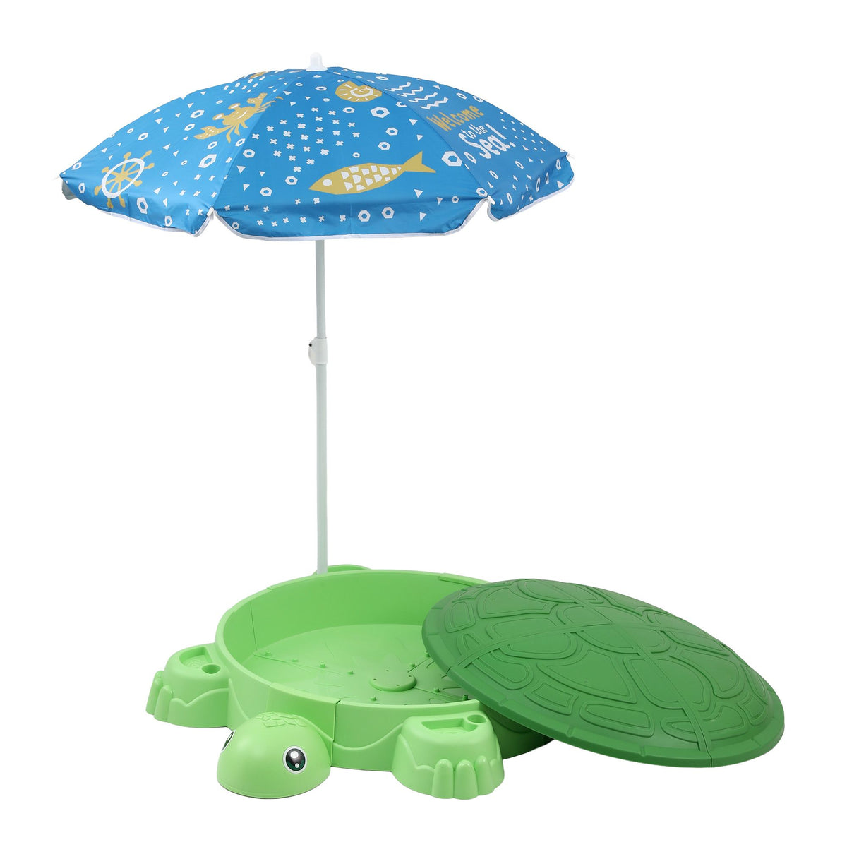 Kids Sandpit Turtle Sandbox Toys with Umbrella Lid Green 8 Accessories 3+