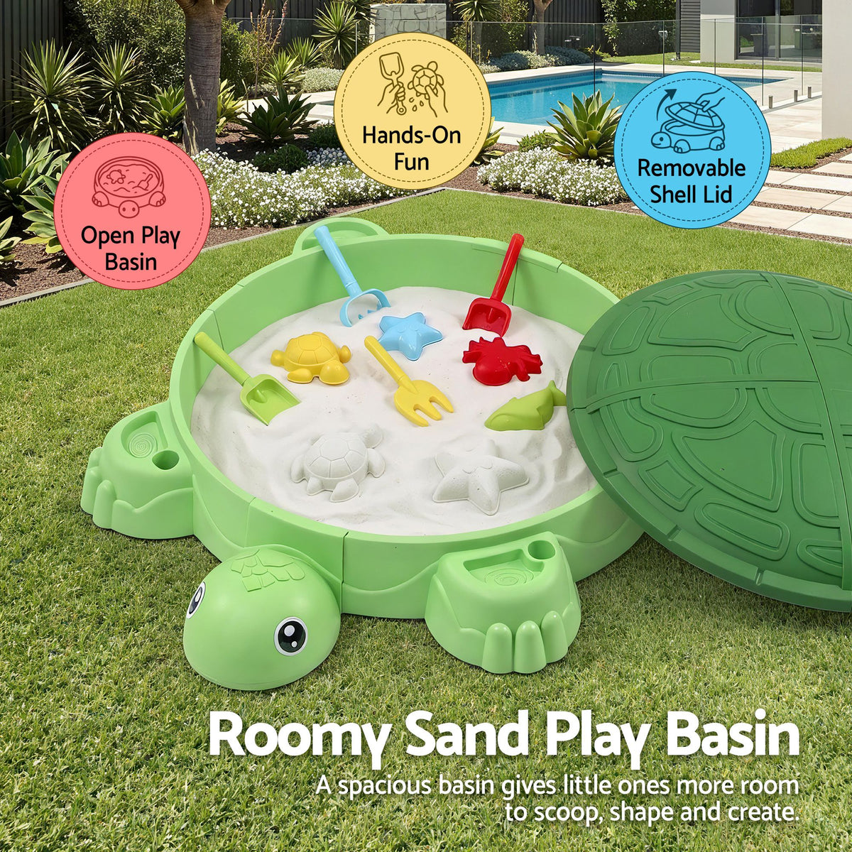 Kids Sandpit Turtle Sandbox Toys with Umbrella Lid Green 8 Accessories 3+
