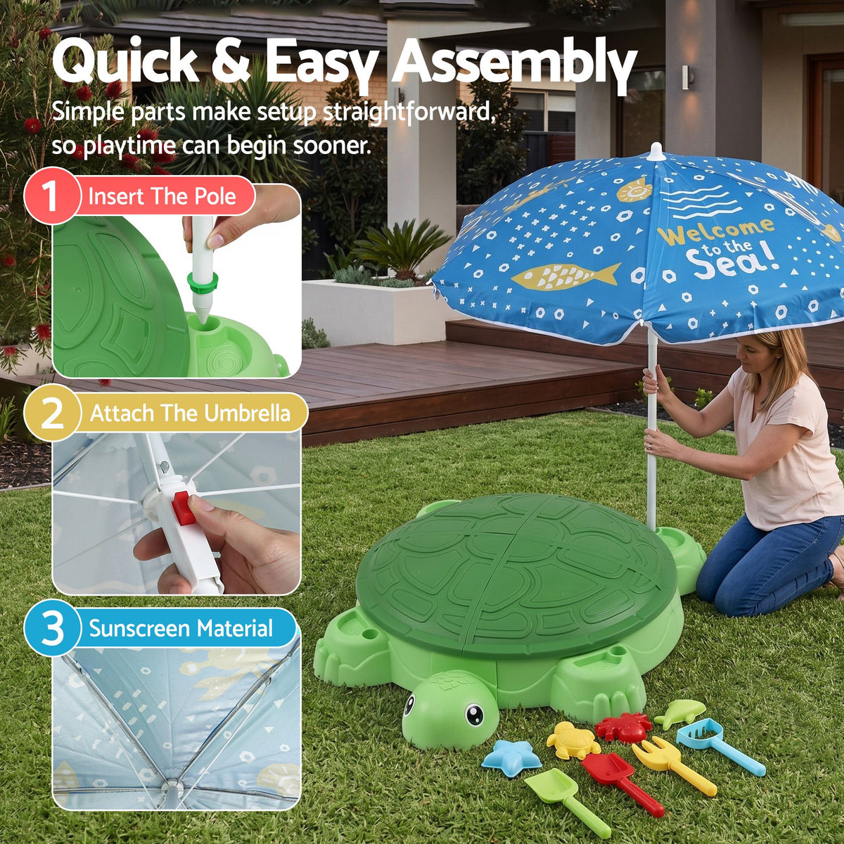 Kids Sandpit Turtle Sandbox Toys with Umbrella Lid Green 8 Accessories 3+