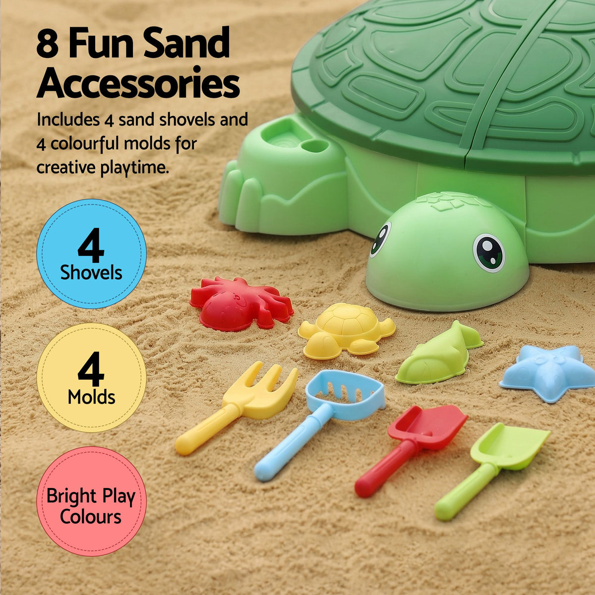 Kids Sandpit Turtle Sandbox Toys with Umbrella Lid Green 8 Accessories 3+