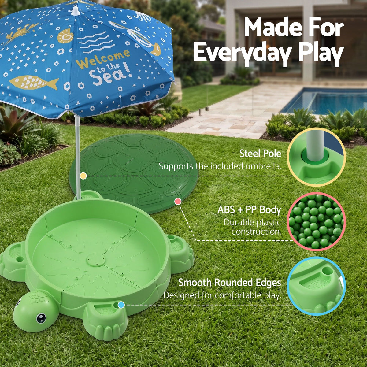 Kids Sandpit Turtle Sandbox Toys with Umbrella Lid Green 8 Accessories 3+