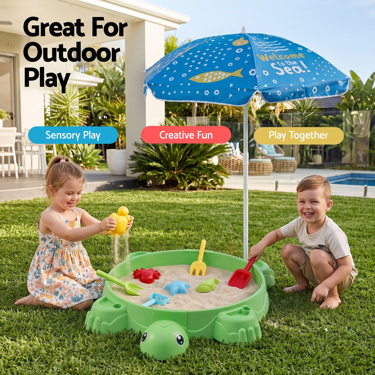 Kids Sandpit Turtle Sandbox Toys with Umbrella Lid Green 8 Accessories 3+