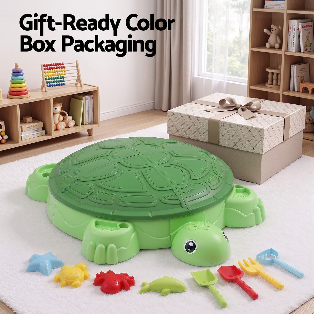 Kids Sandpit Turtle Sandbox Toys with Umbrella Lid Green 8 Accessories 3+