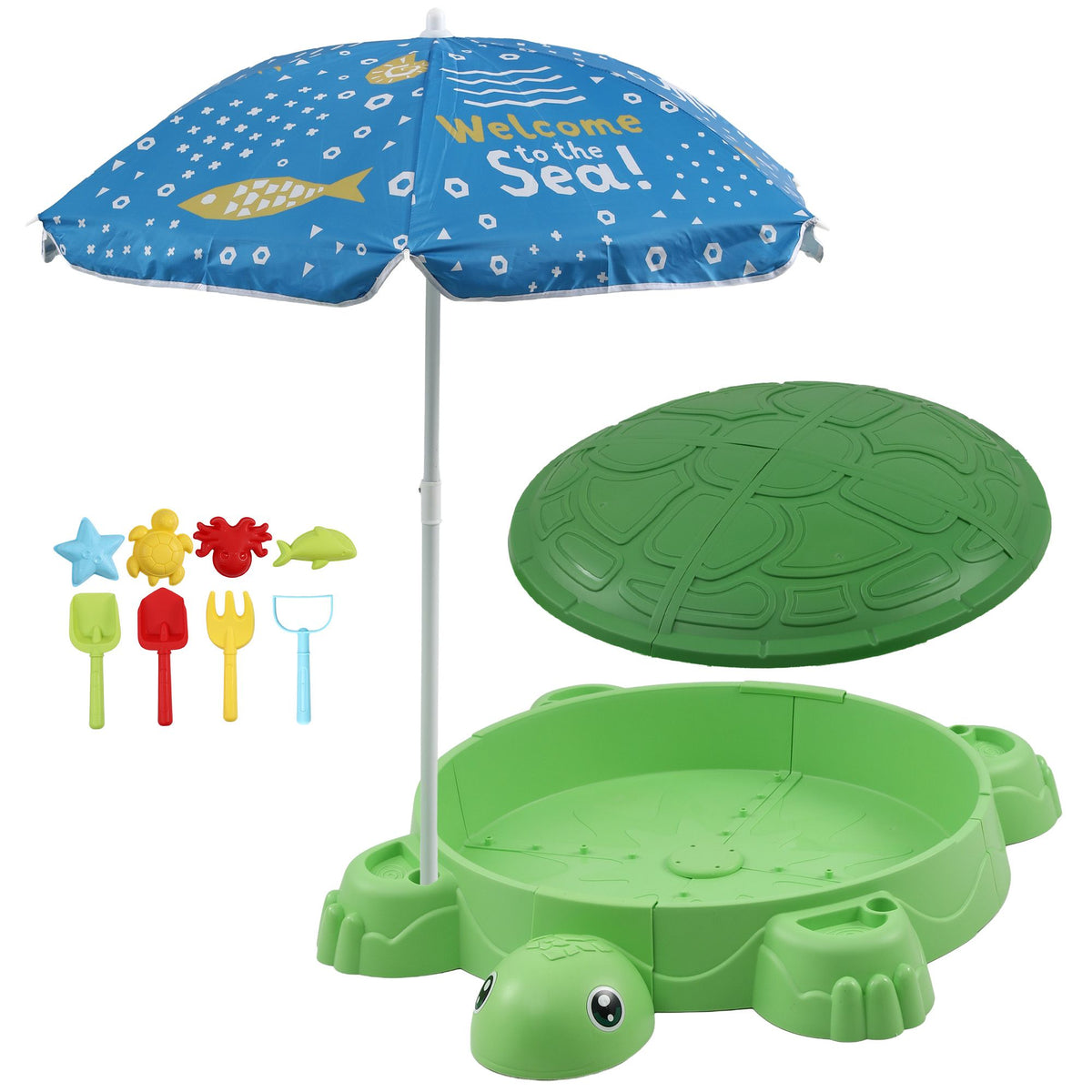 Kids Sandpit Turtle Sandbox Toys with Umbrella Lid Green 8 Accessories 3+