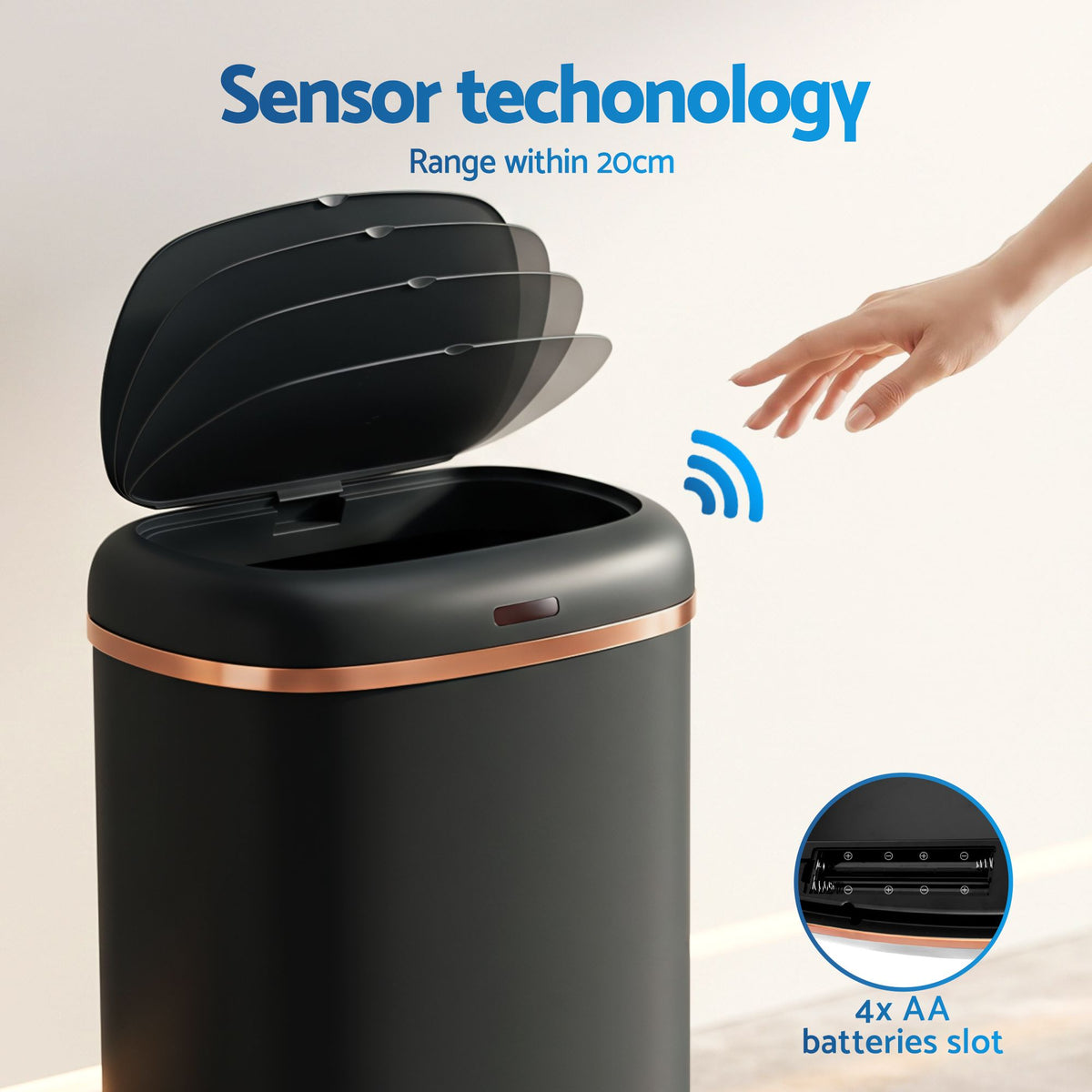 38L Motion Sensor Bin Automatic Rubbish Waste Bin Black Steel Kitchen