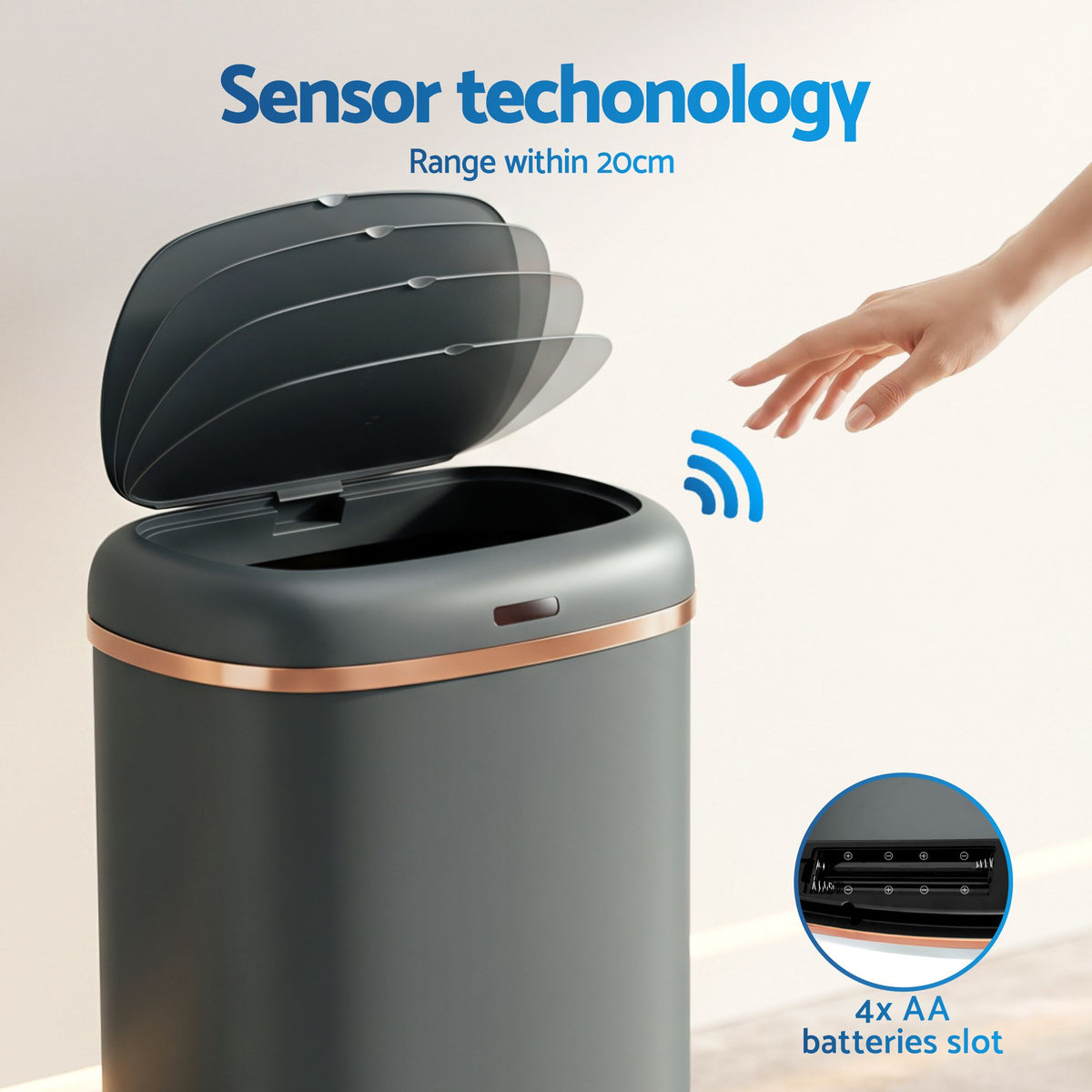 38L Automatic Motion Sensor Bin Touchless Kitchen Rubbish Bin Grey