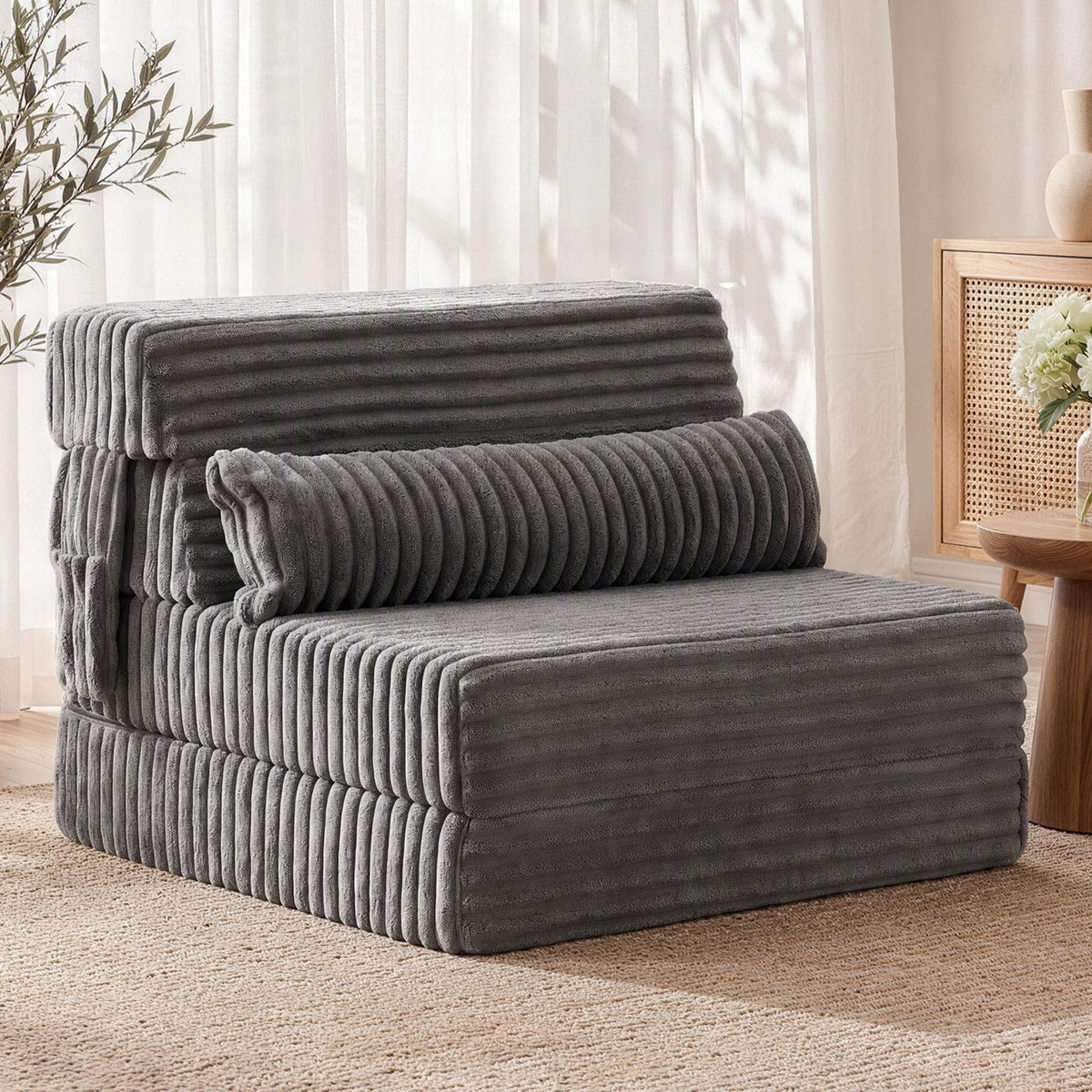 3-in-1 Folding Sofa Bed Armless Lounger Chair with Side Pocket and Pillow