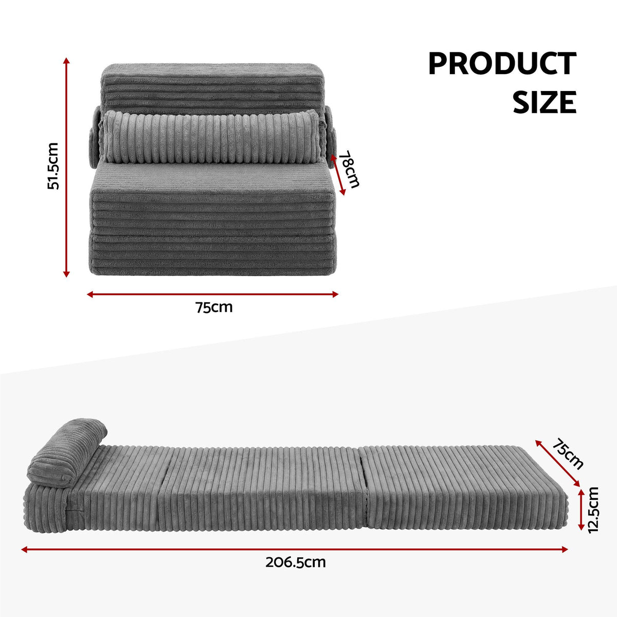 3-in-1 Folding Sofa Bed Armless Lounger Chair with Side Pocket and Pillow