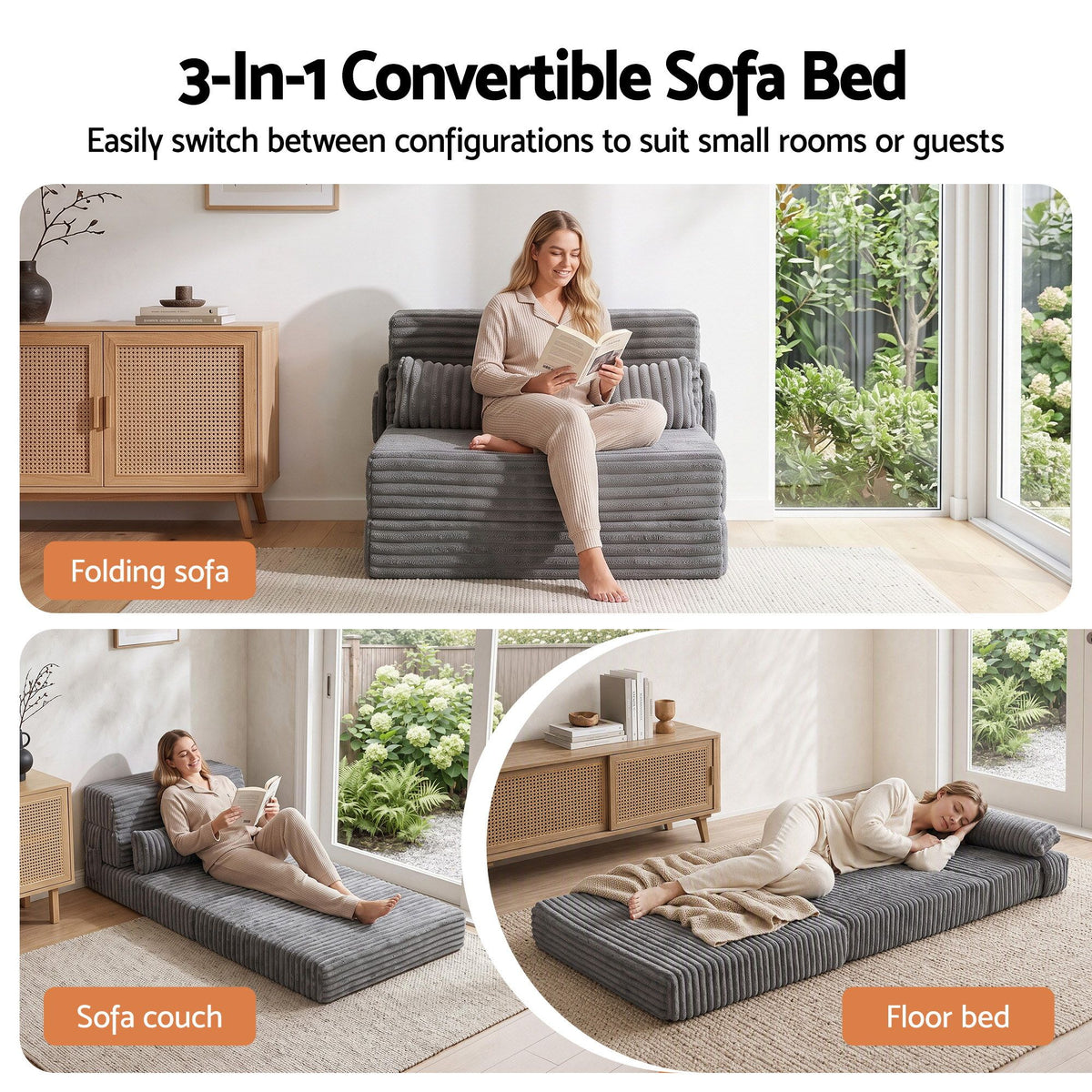 3-in-1 Folding Sofa Bed Armless Lounger Chair with Side Pocket and Pillow