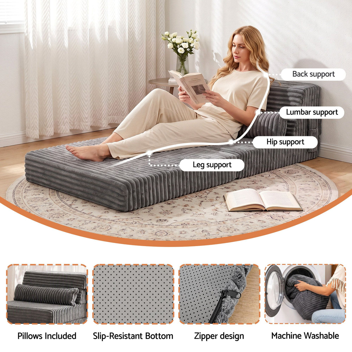 3-in-1 Folding Sofa Bed Armless Lounger Chair with Side Pocket and Pillow