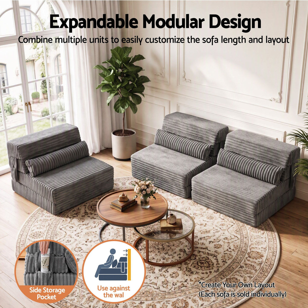 3-in-1 Folding Sofa Bed Armless Lounger Chair with Side Pocket and Pillow