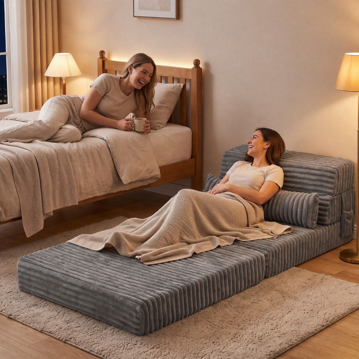 3-in-1 Folding Sofa Bed Armless Lounger Chair with Side Pocket and Pillow
