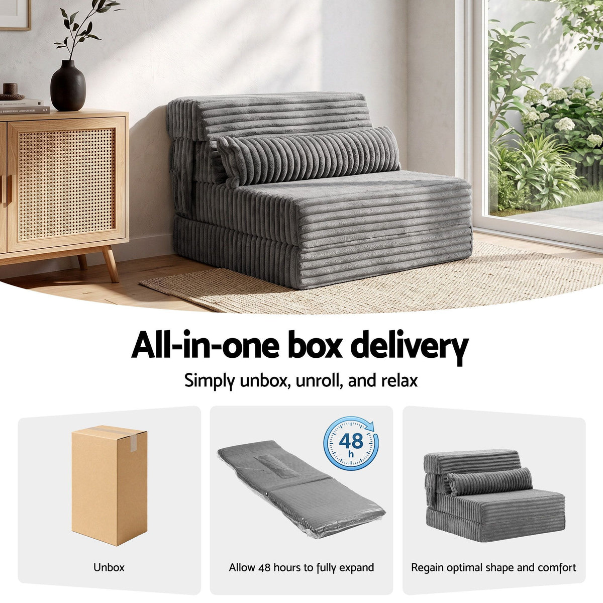 3-in-1 Folding Sofa Bed Armless Lounger Chair with Side Pocket and Pillow