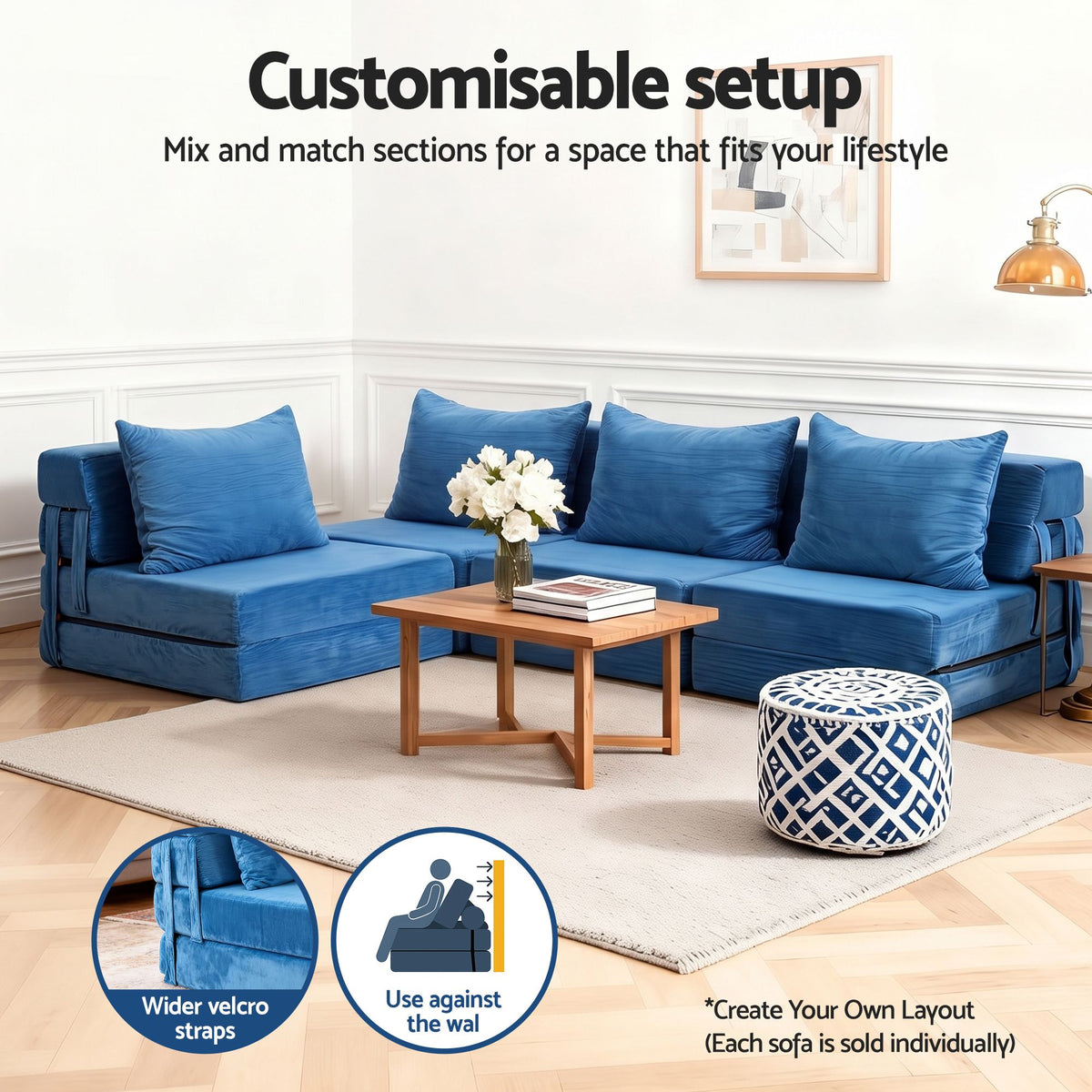 Artiss 4 Pack Folding Sofa Bed, L-Shaped Modular Floor Sofa Foam Futon, Blue