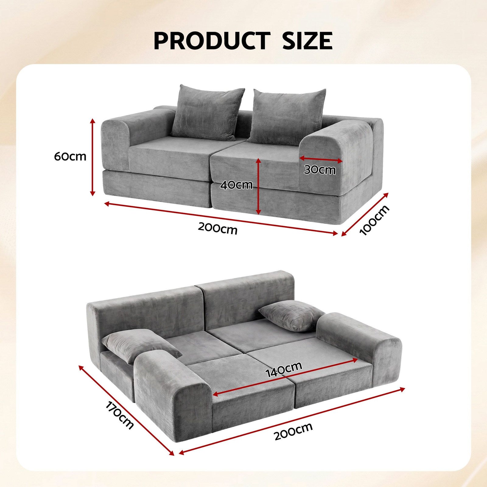 Artiss 5-in-1 Convertible Sofa Bed Floor Mattress Modular Boneless Curved Couch