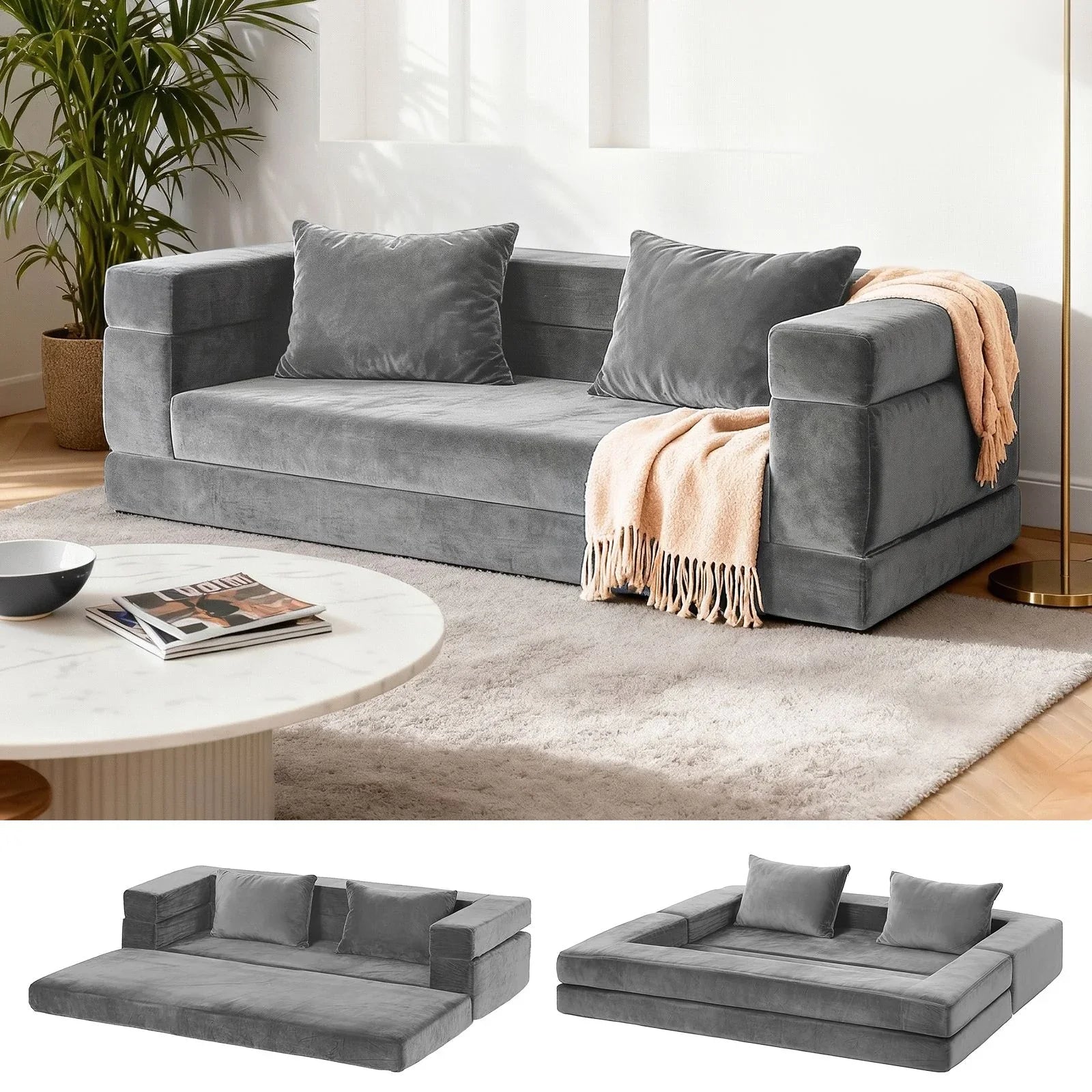 Convertible Sofa Bed Grey – 3‑in‑1 Folding Lounge, Velvet, 300kg Capacity