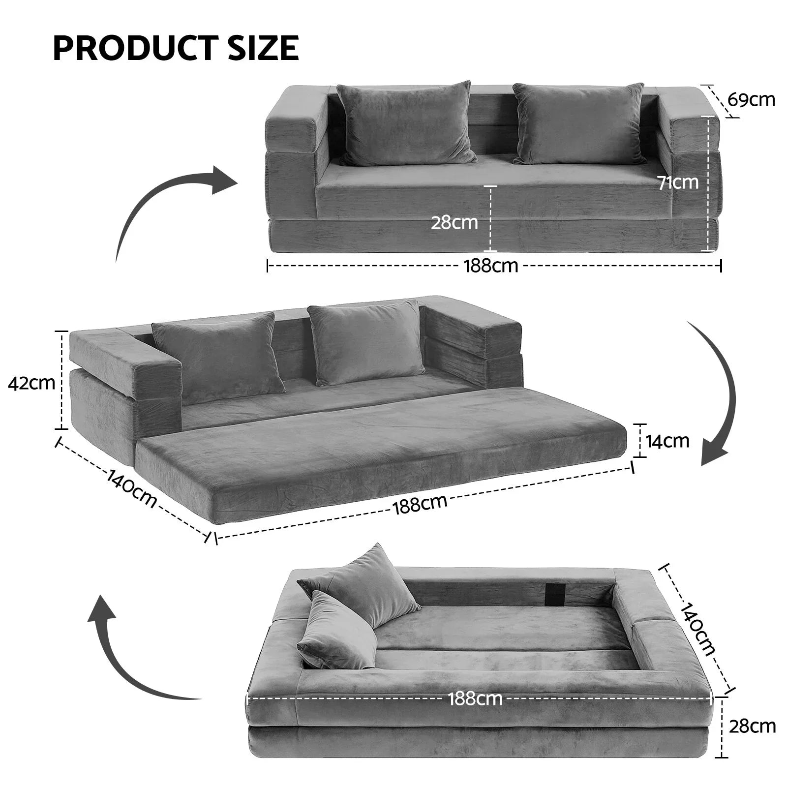 Convertible Sofa Bed Grey – 3‑in‑1 Folding Lounge, Velvet, 300kg Capacity