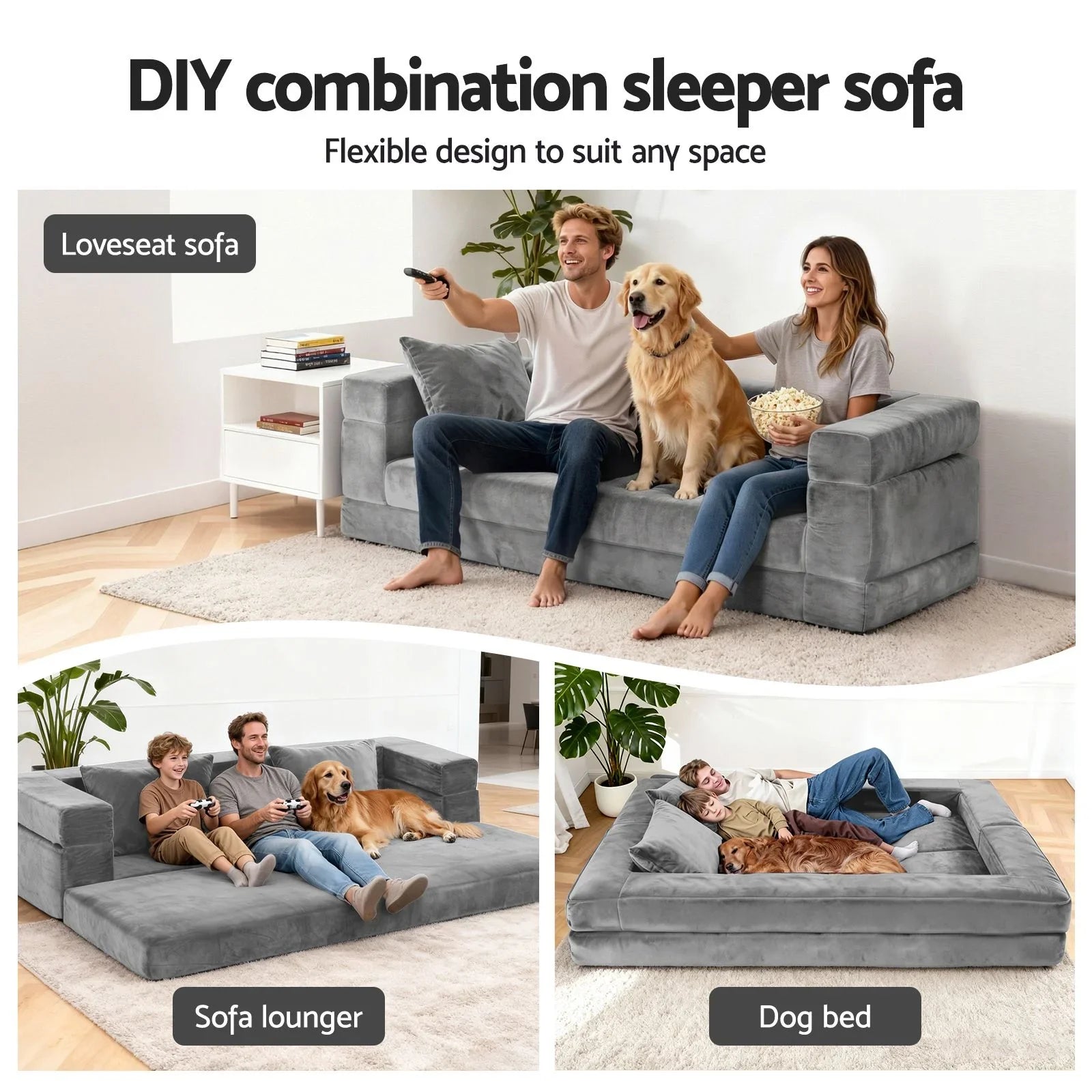 Convertible Sofa Bed Grey – 3‑in‑1 Folding Lounge, Velvet, 300kg Capacity