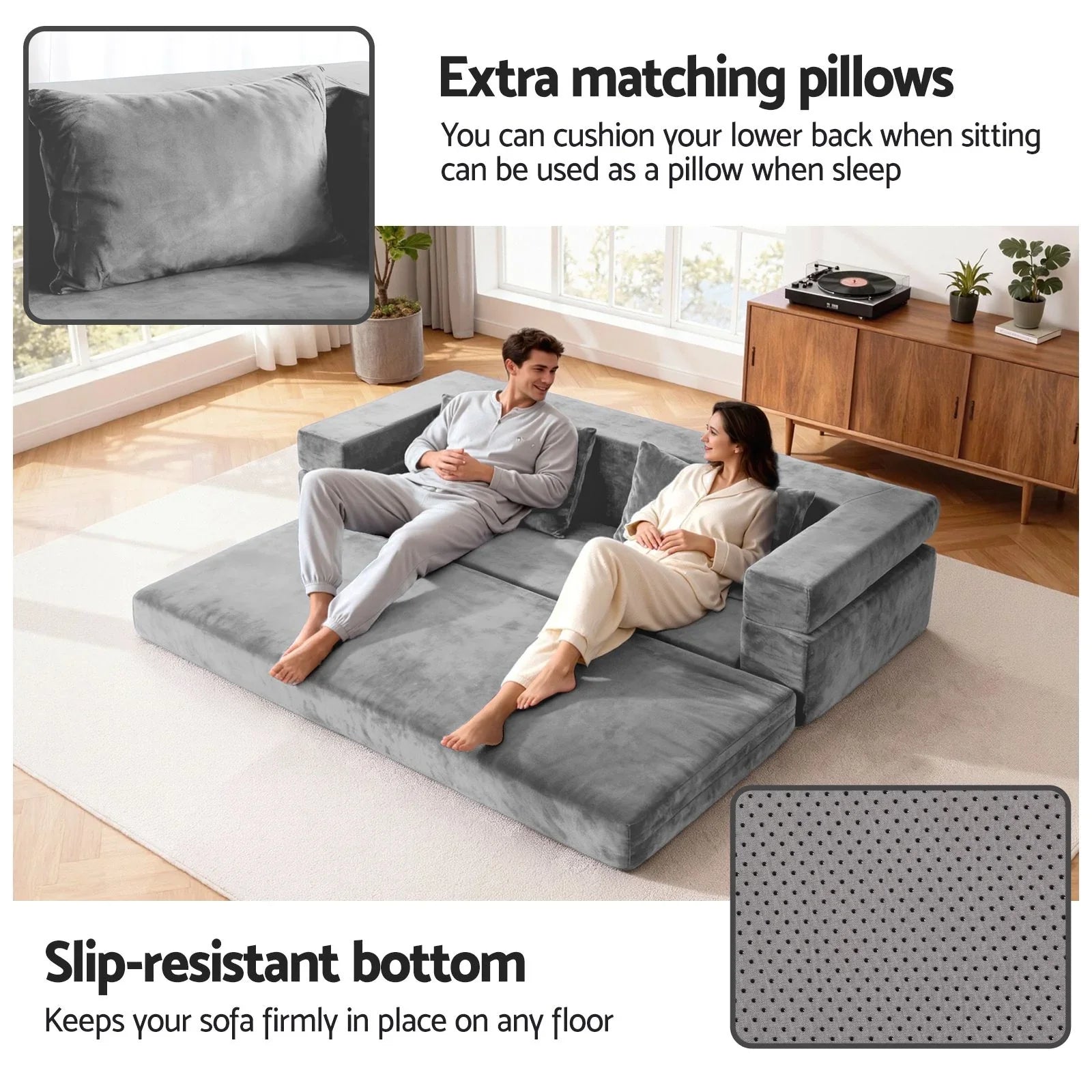 Convertible Sofa Bed Grey – 3‑in‑1 Folding Lounge, Velvet, 300kg Capacity