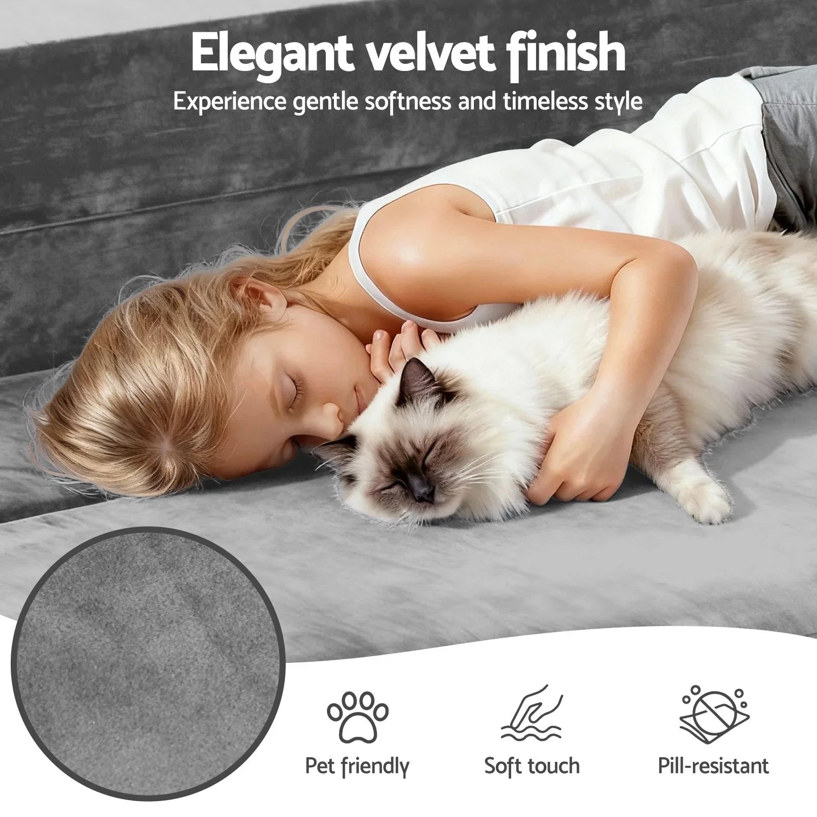 Convertible Sofa Bed Grey – 3‑in‑1 Folding Lounge, Velvet, 300kg Capacity