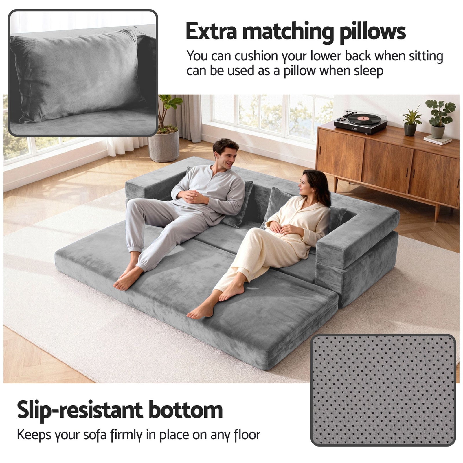 Artiss 3-in-1 Convertible Sofa Bed with Folding Mattress Velvet Foam Chair 300KG